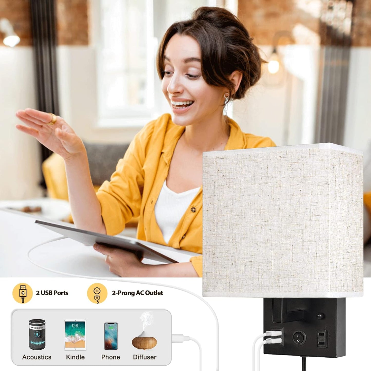 CADUKE Bedside Wall Lamp Set of 2, Plug in Wall Sconce with USB Charging Port and AC Outlet, Modern Black Brushed