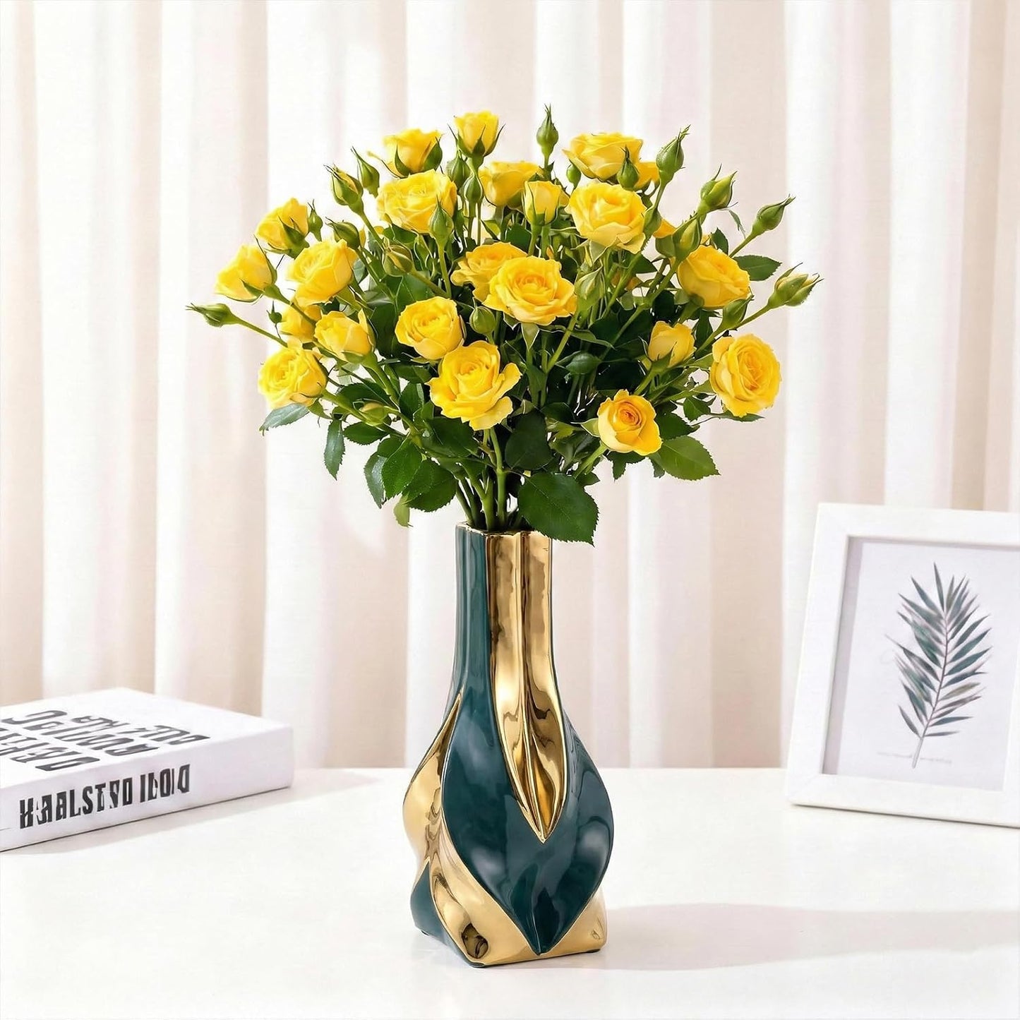 10.6" Green and Gold Ceramic Vase / Green Gold