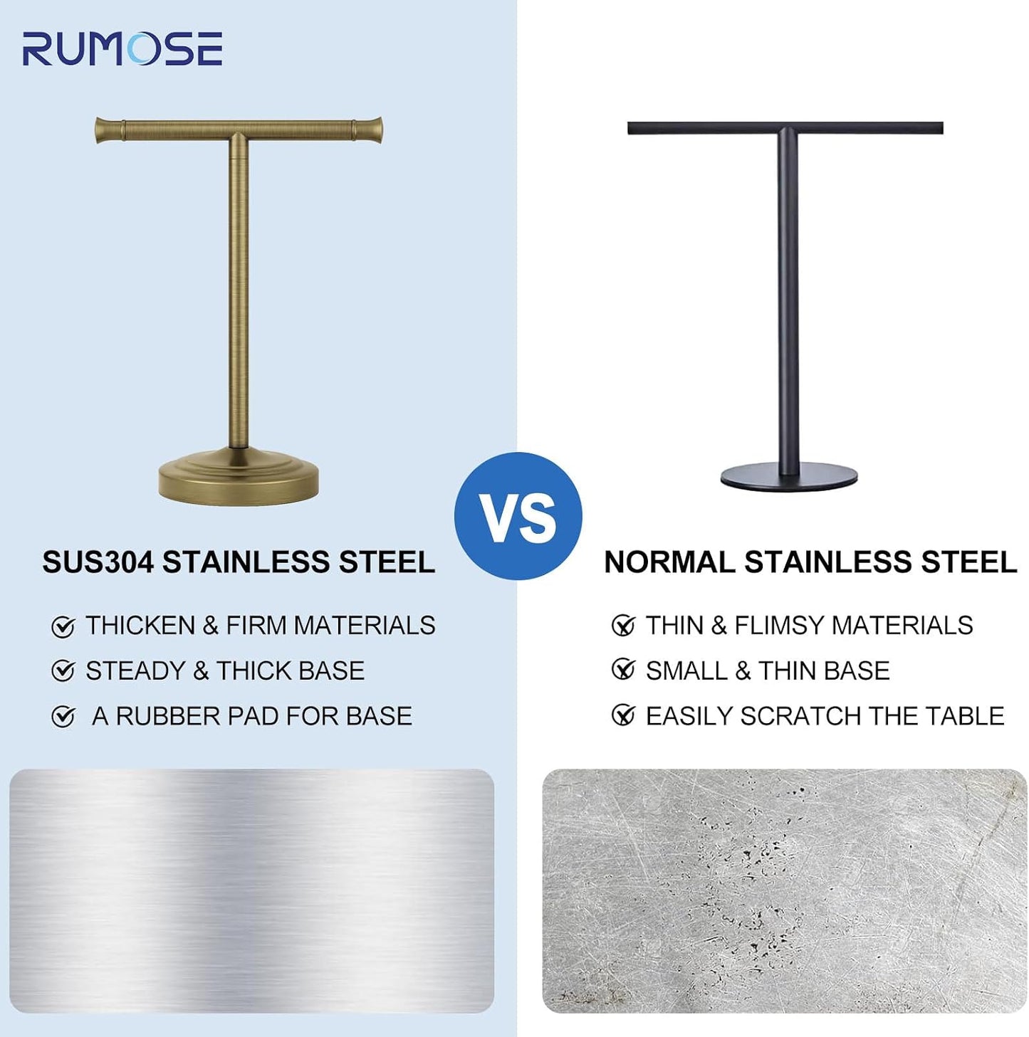 RUMOSE Antique Brass Hand Towel Holder Stand Countertop Towel Rack | 13 Inch Bathroom Kitchen Vanity T-Shape Towel