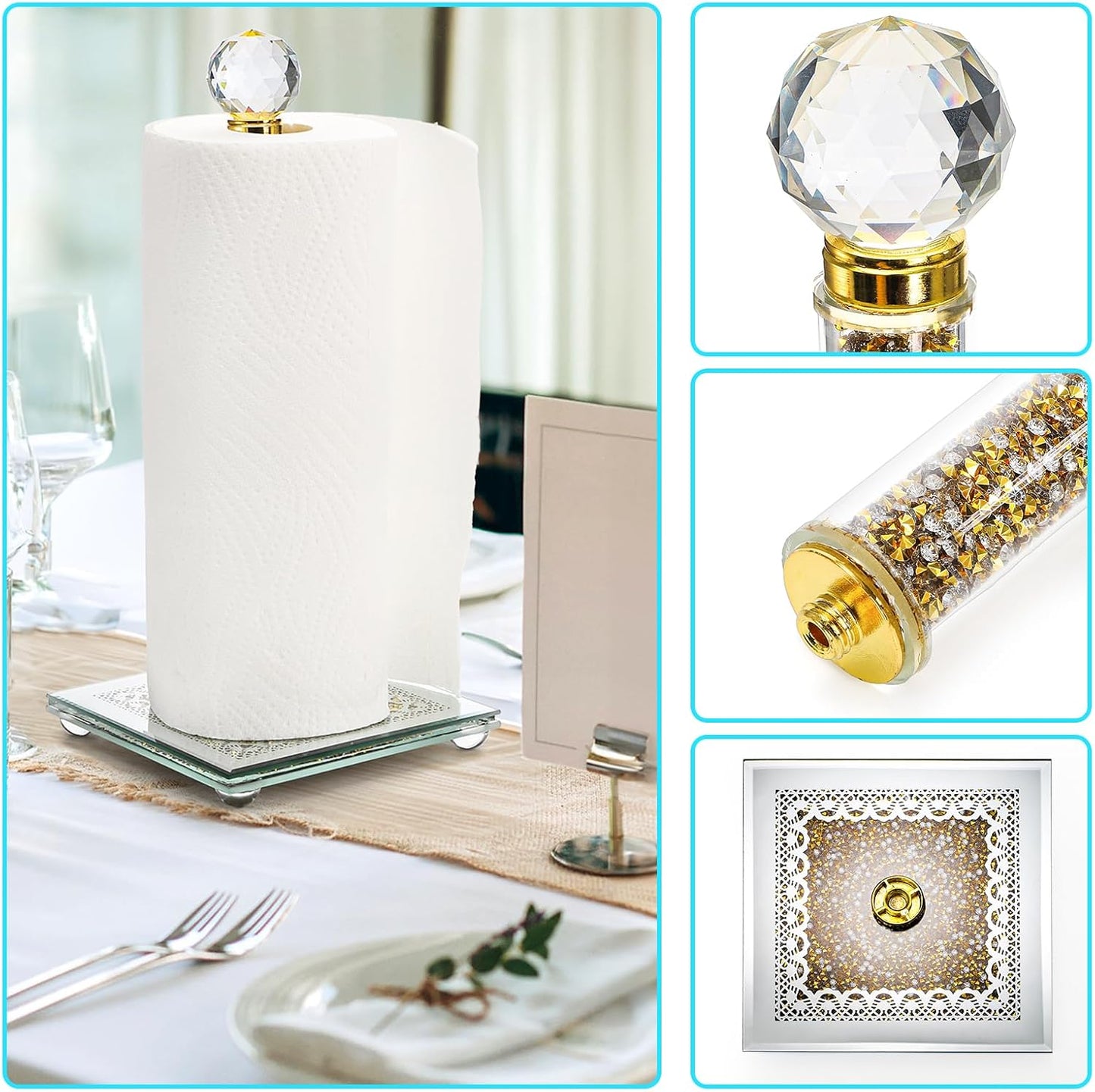 Paper Towel Holder, Gold Paper Towel Roll Dispenser Stand Weighted Base Non Slip Filled with Sparkly Crystal Crushed