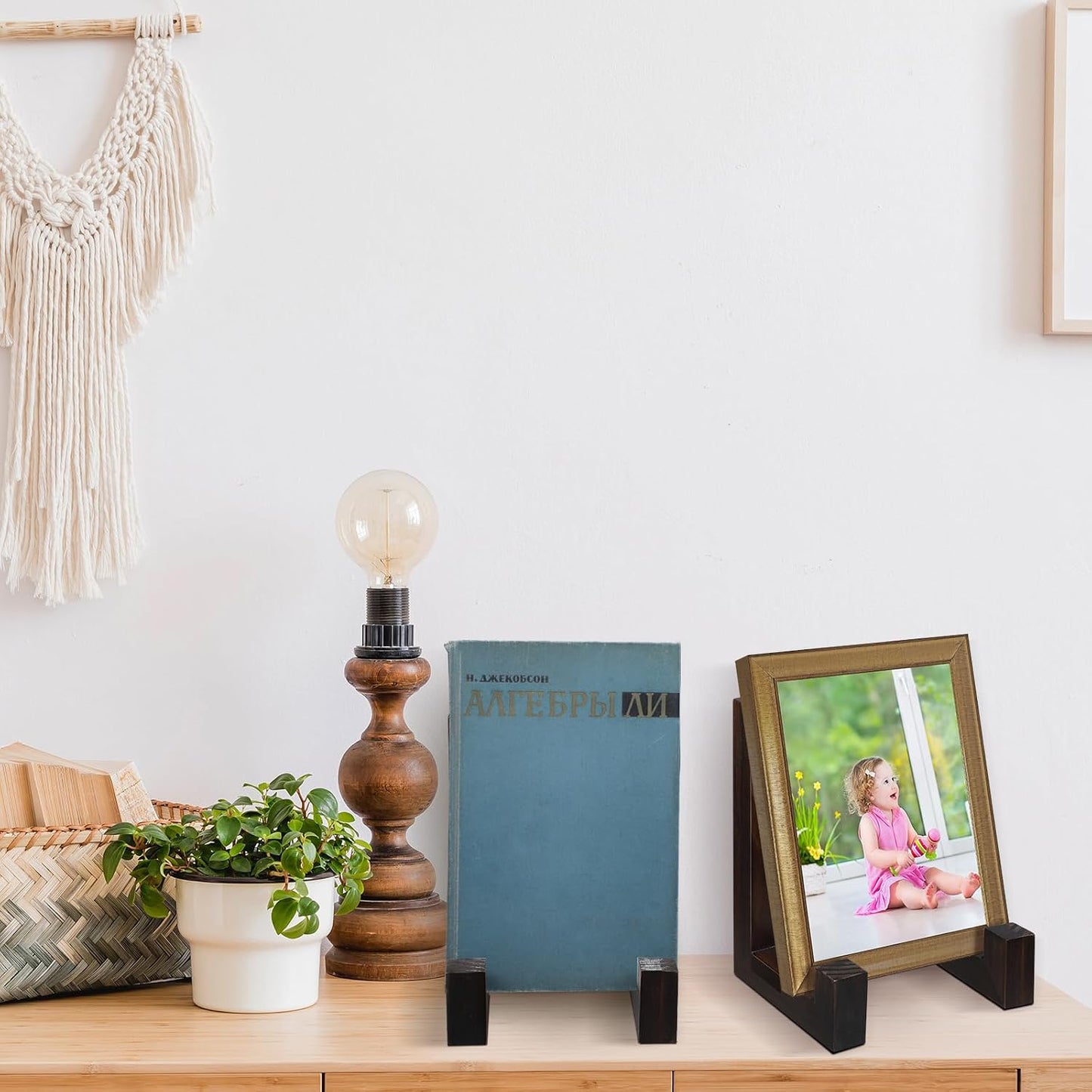 Wooden Plate Stand for Display Picture Stands Frame Holder Easel Table / Brown / 8 Inch / Set of 2