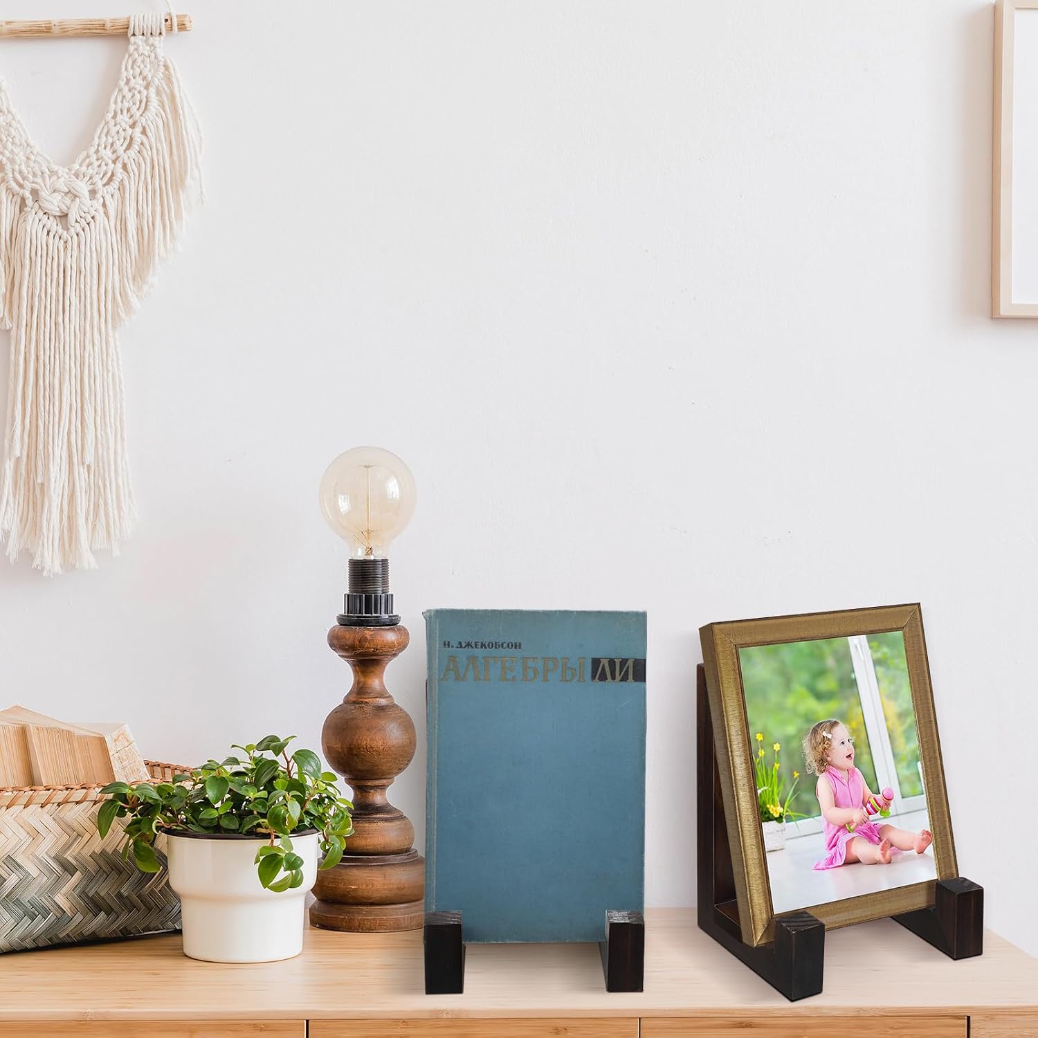 Wooden Plate Stand for Display Picture Stands Frame Holder Easel Table / Brown / 8 Inch / Set of 2