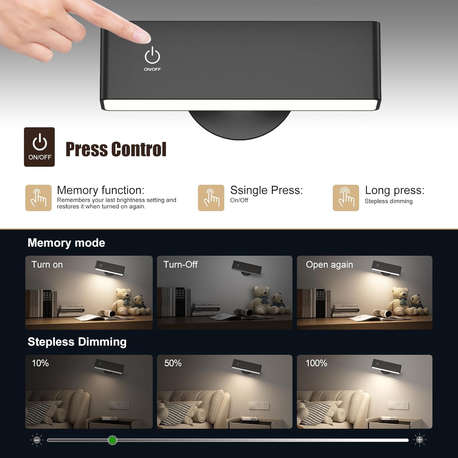 YiLaie Battery Operated Wall Sconces Set of 2, LED Wall Mounted Lights with 4000mAh Rechargeable Battery Operated, 360°