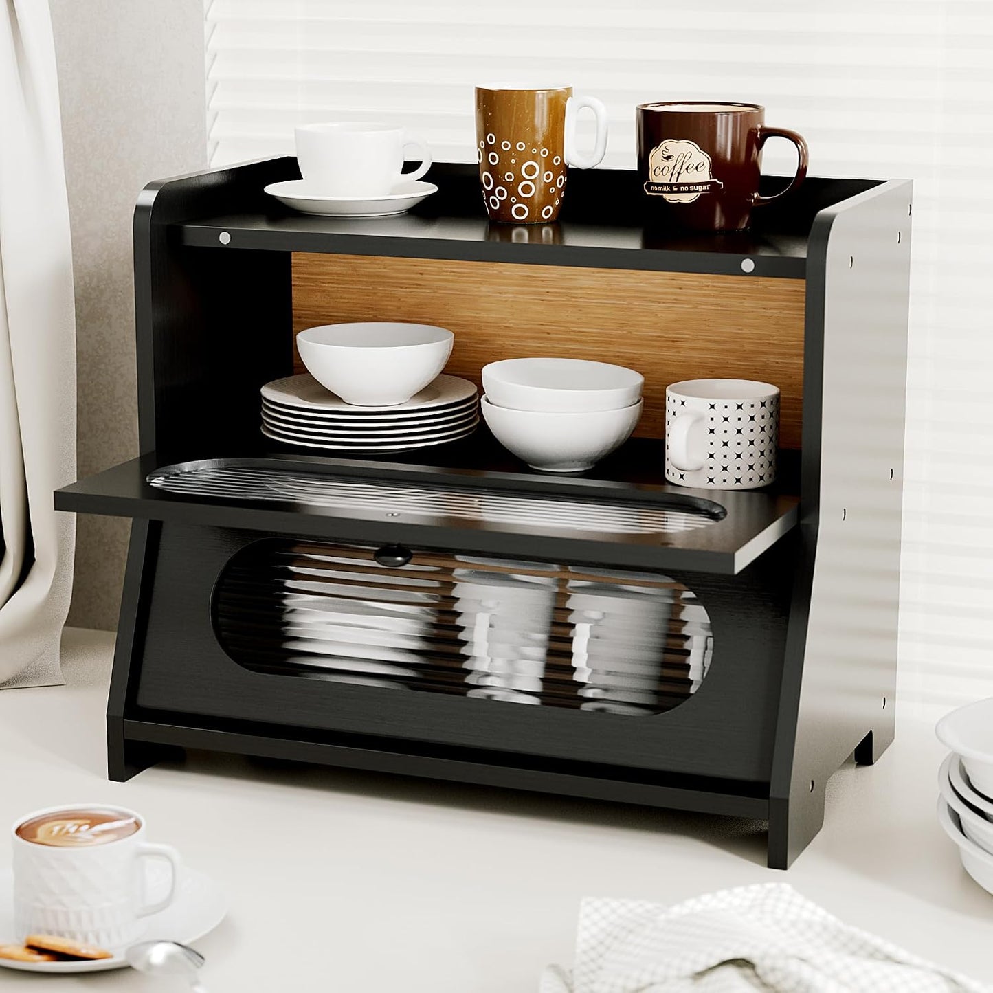 Bread Box,Extra Large 2-Tier Bamboo Bread Box for Kitchen Countertop,Bread Storage Container with Magnetic Acrylic Door