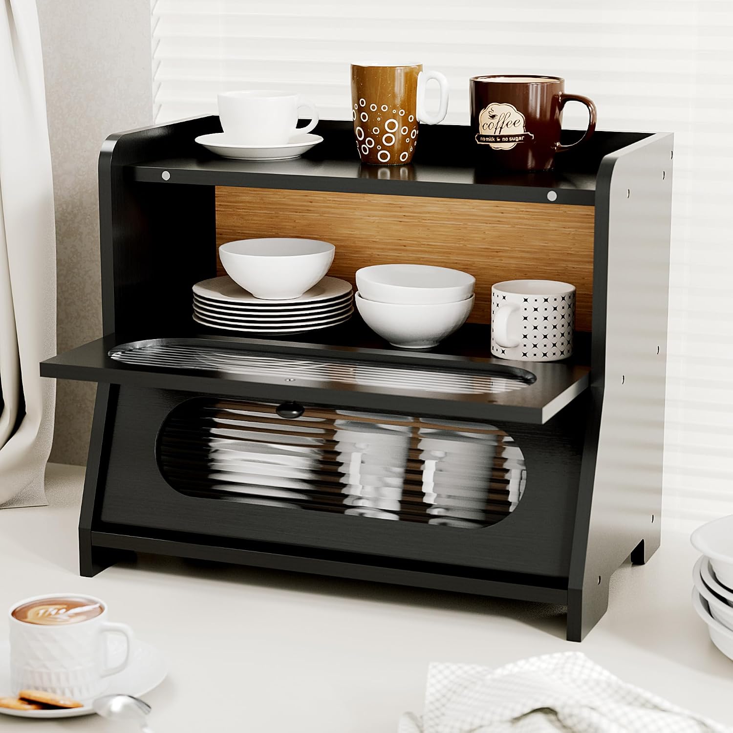 Bread Box,Extra Large 2-Tier Bamboo Bread Box for Kitchen Countertop,Bread Storage Container with Magnetic Acrylic Door