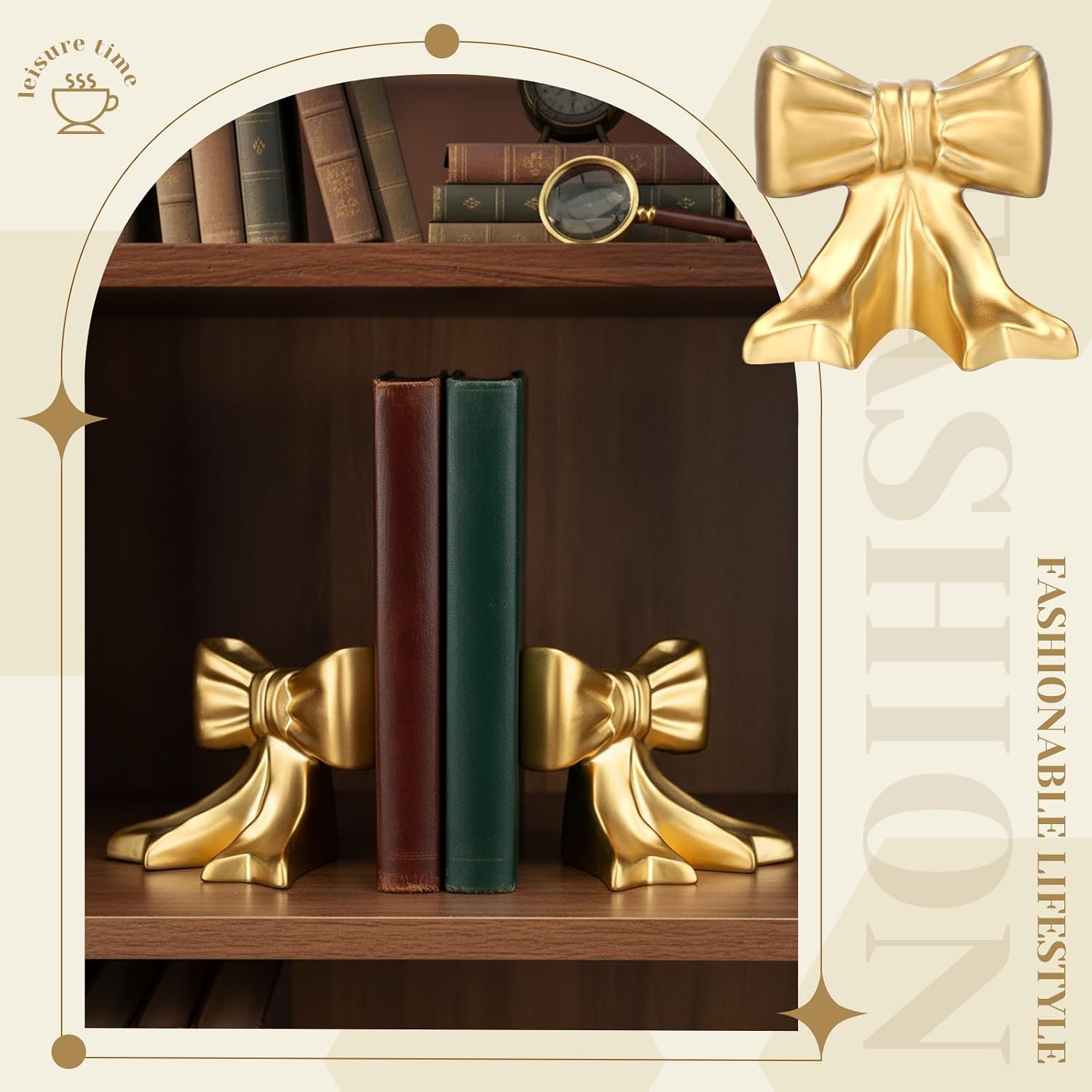 Bow Bookends Ceramic Book Ends Decorative Book Stand Bow Sculpture Statues / Gold / Set of 2