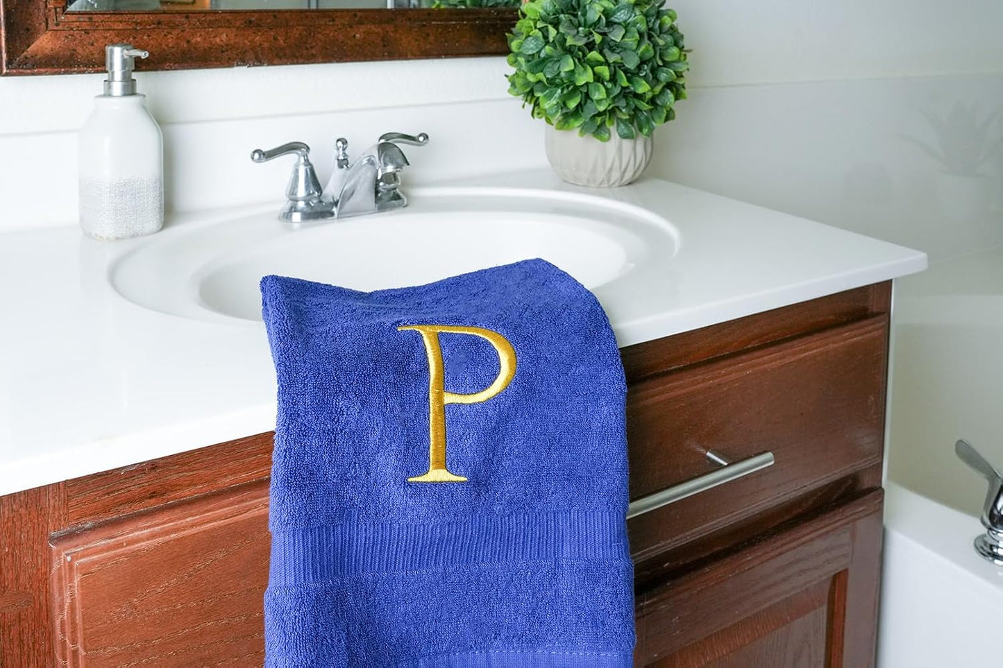 Navy with Gold Monogrammed Hand Towels for Bathroom - Set of 2 Letter P | Luxury Hotel Quality Initial Towels For