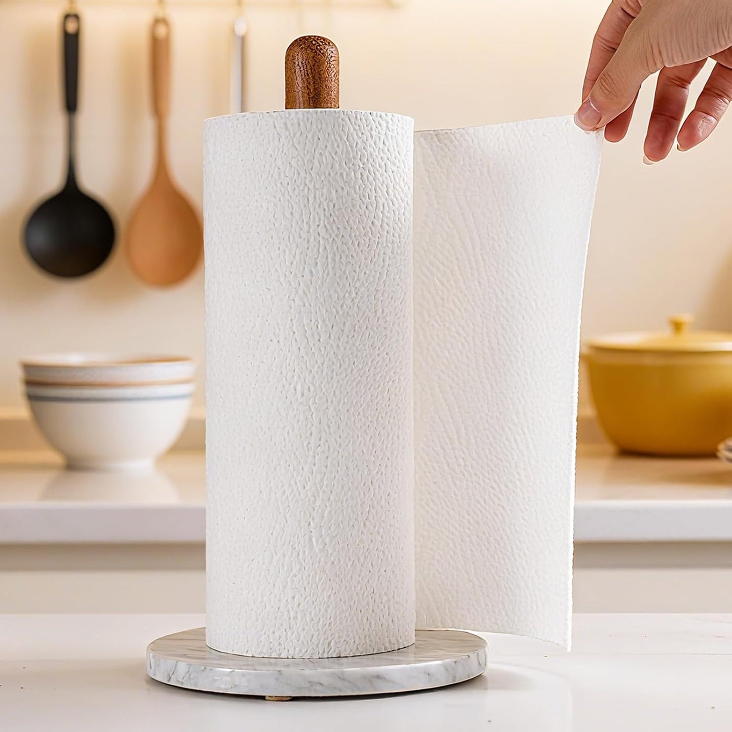 Acacia Wood & Marble Paper Towel Holder – Freestanding Paper Towel Holder for Countertop, Weighted for One-Handed Use