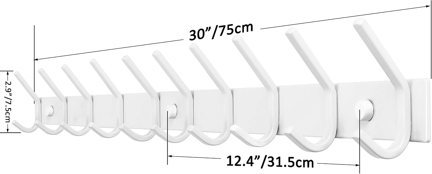 WEBI Coat Rack Wall Mounted,10 Hooks,30" Long Coat Hooks Wall Mount White,Coat Hanger Wall,Hook Rack,Jacket Hooks for