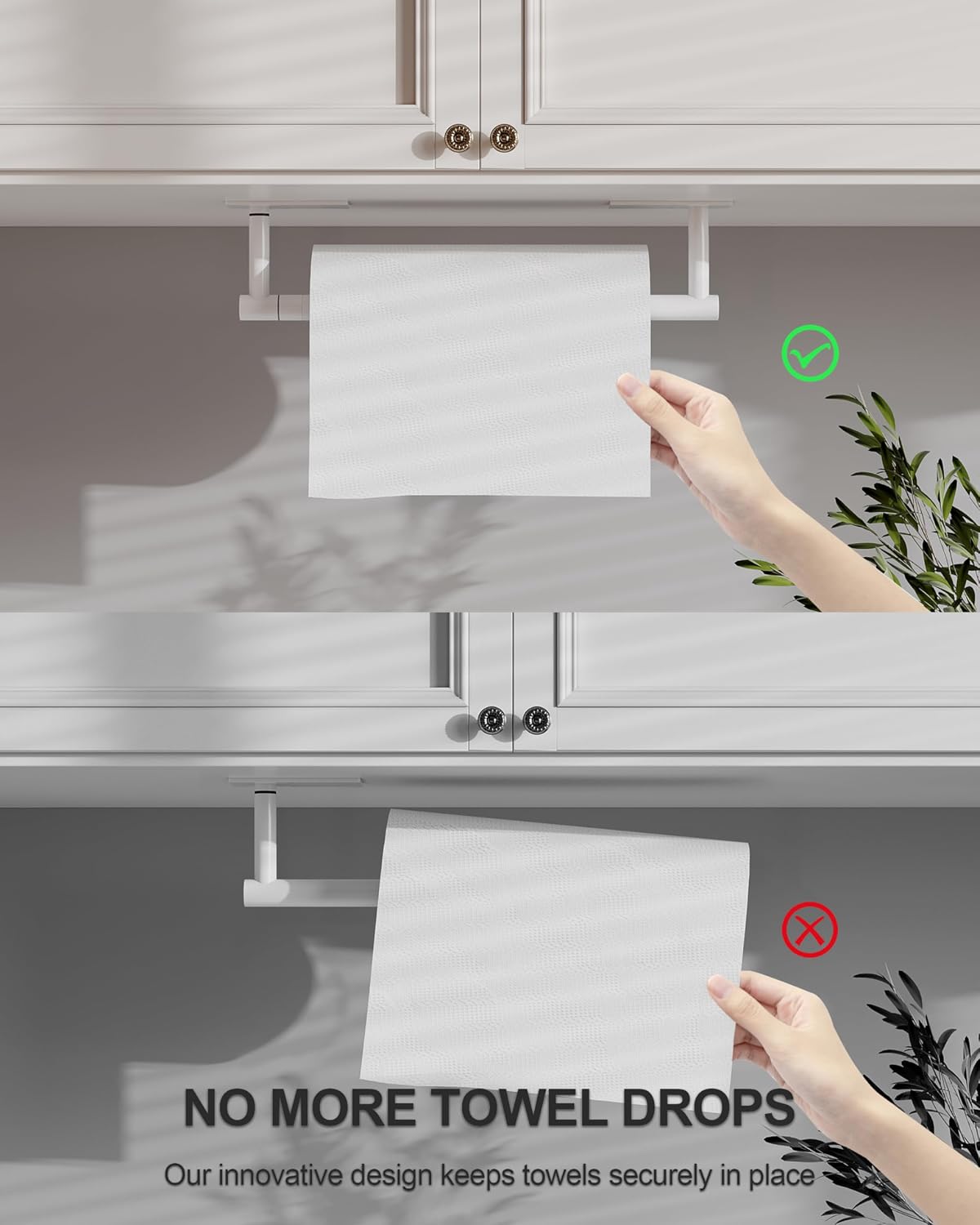 White Paper Towel Holder Under Cabinet Self Adhesive or Wall Mount | 304 Stainless Steel Post Pivoting Design No