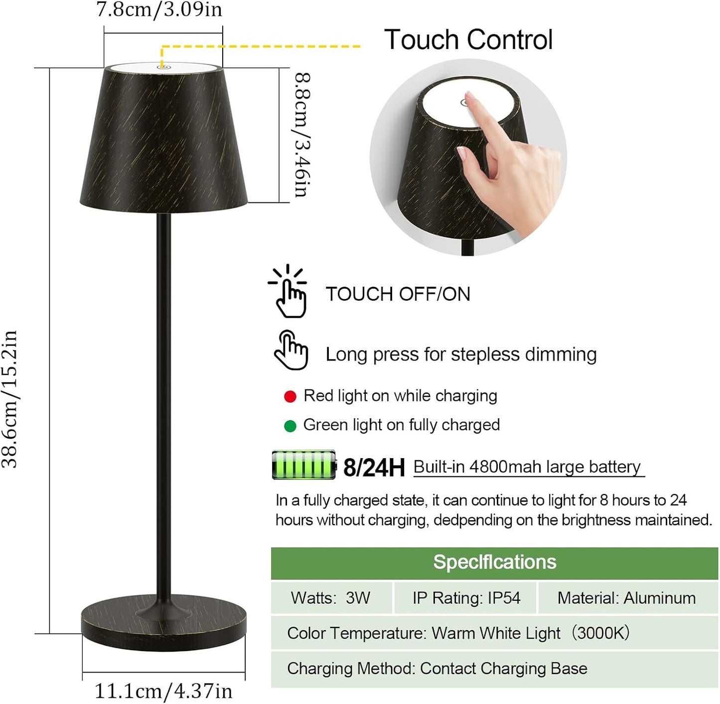 Ralaby IP54 Cordless Table Lamps Portable Rechargeable Battery Operated Lamp Aluminum Dimmable Indoor/Outdoor Cordless