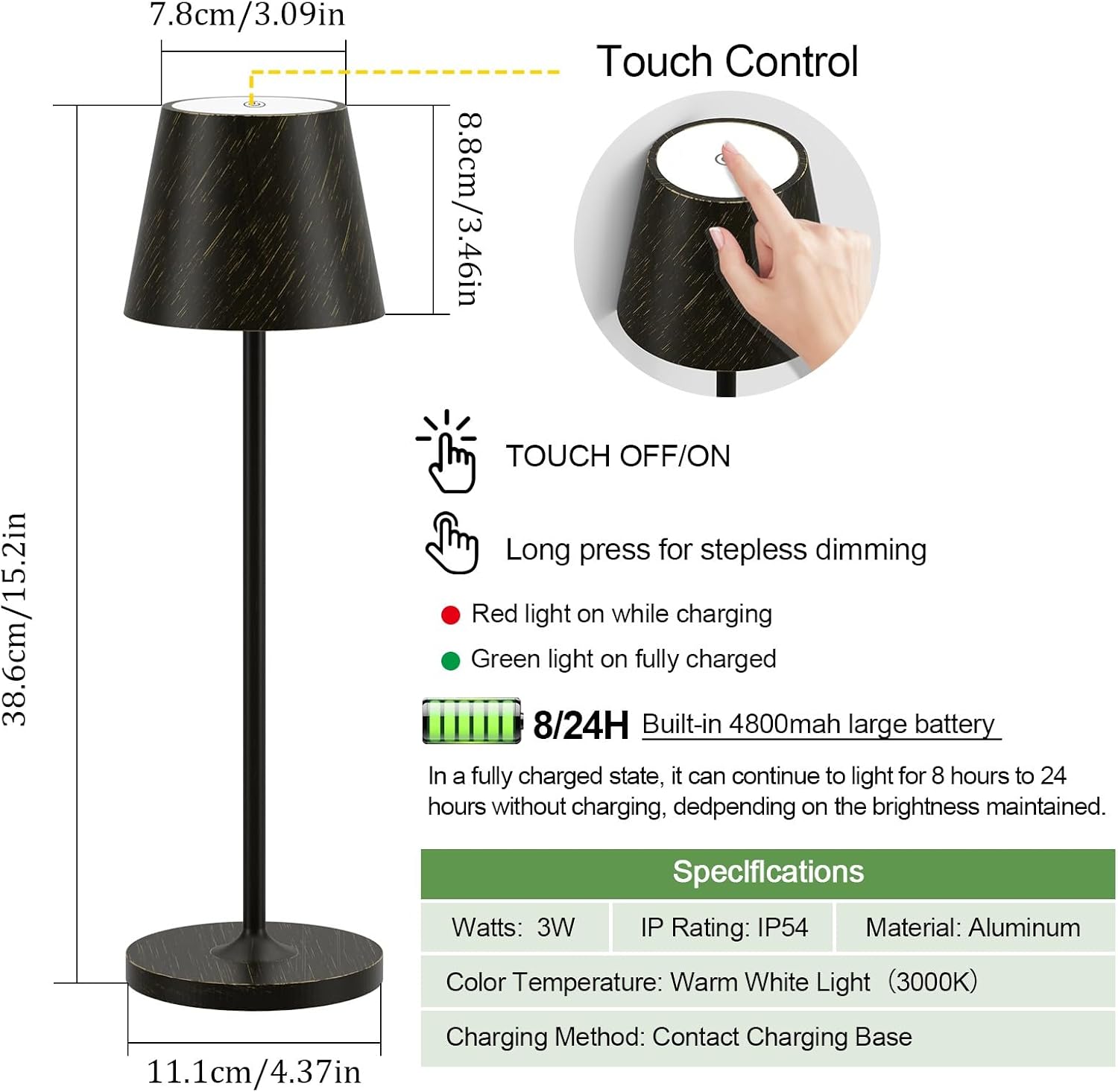 Ralaby IP54 Cordless Table Lamps Portable Rechargeable Battery Operated Lamp Aluminum Dimmable Indoor/Outdoor Cordless