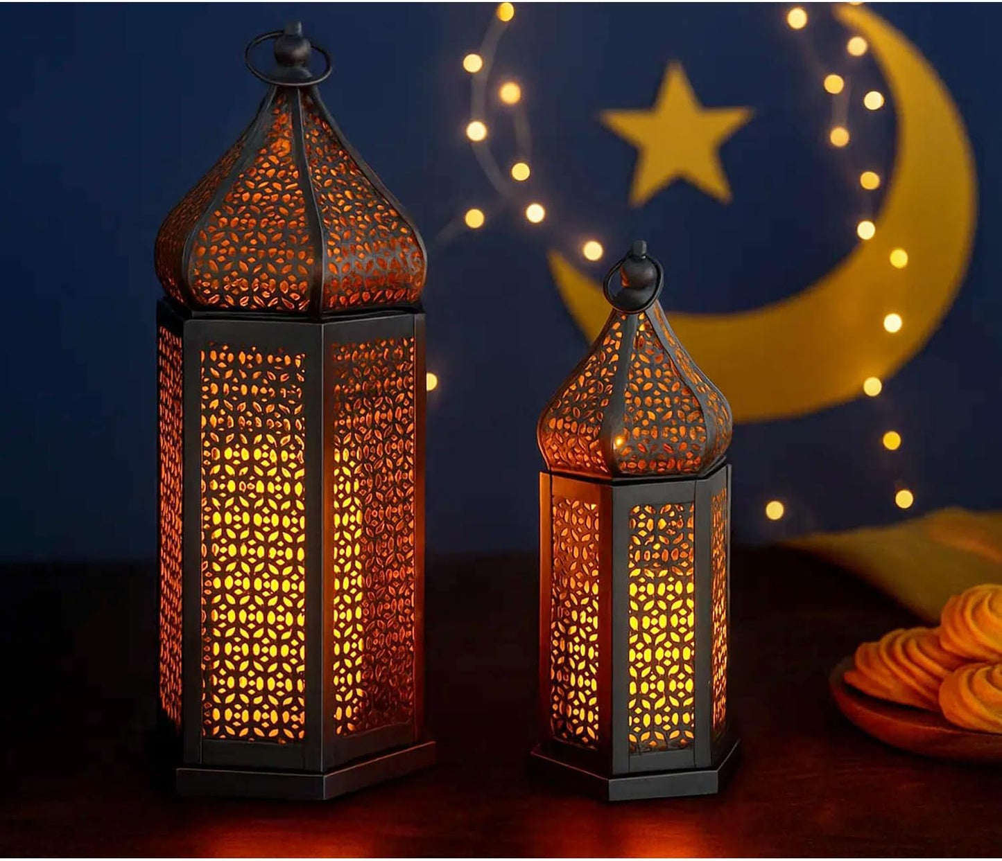 Vela Lanterns Decorative Indoor Black Moroccan Temple Lanterns, Set of 2 | Black Ramadan Decorations for Home, Eid