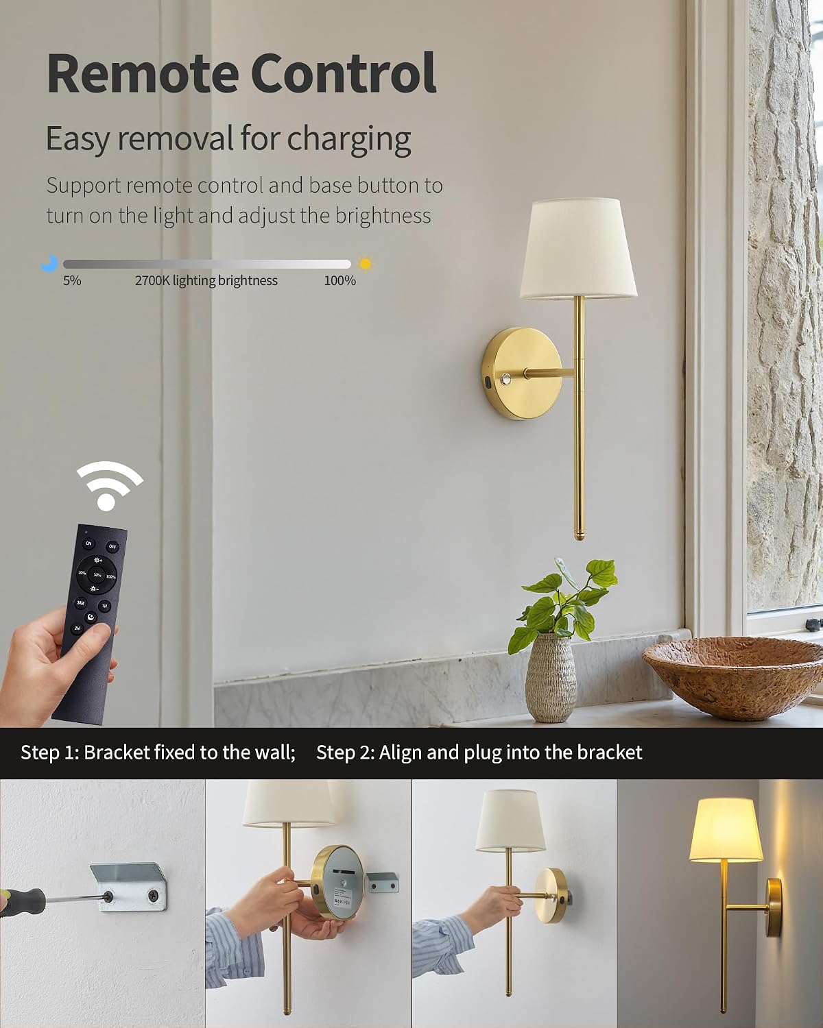 Battery Operated Wall Sconce Set of 2, Gold Rechargeable Wall Light | Small, LED, 5200mAh, Dimmable, Fabric Shade