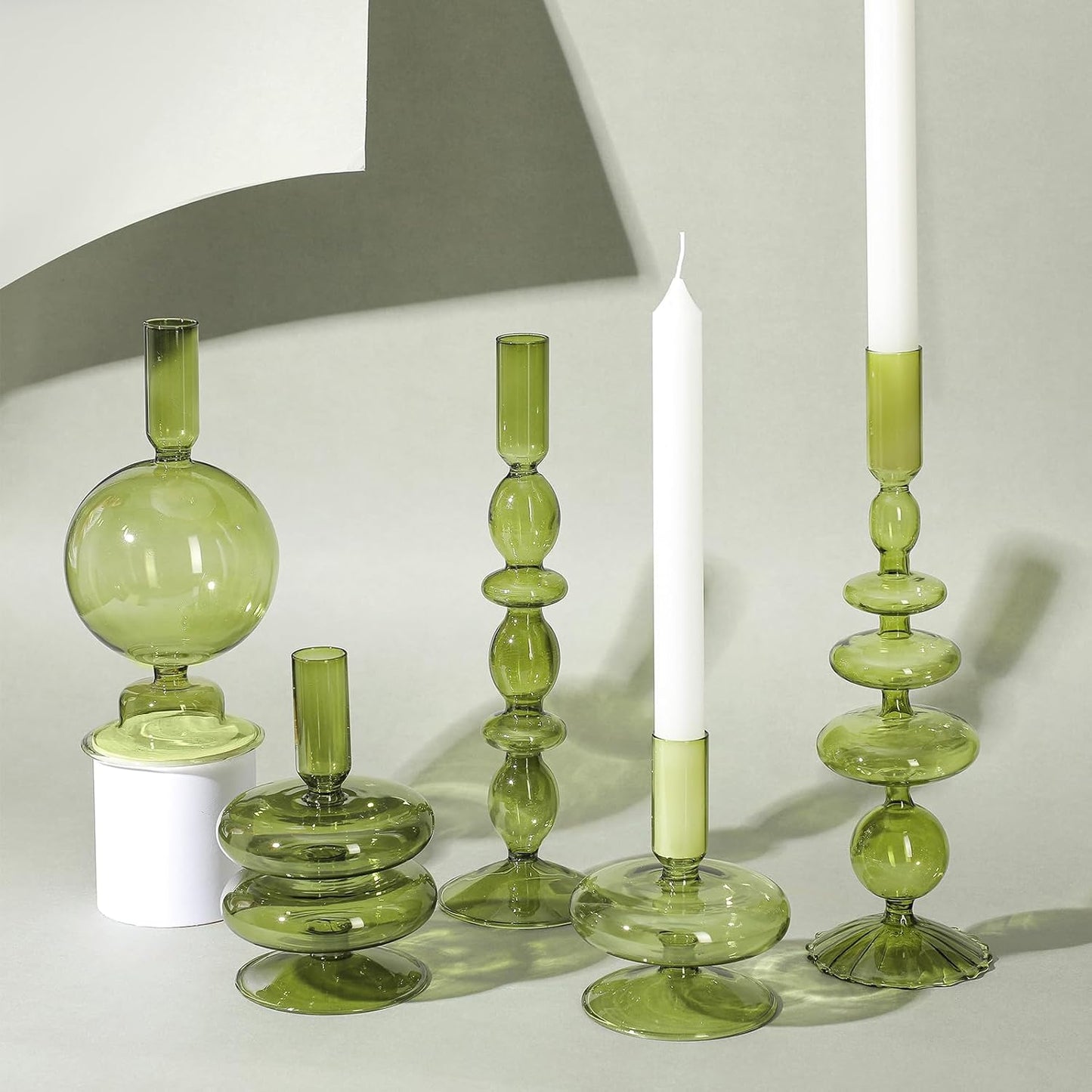 Rtteri 5 Pcs Glass Candlestick Holders Colorful Glass Taper Candle Stand Groovy Candlestick Wavy Boho Chic Clear Bases