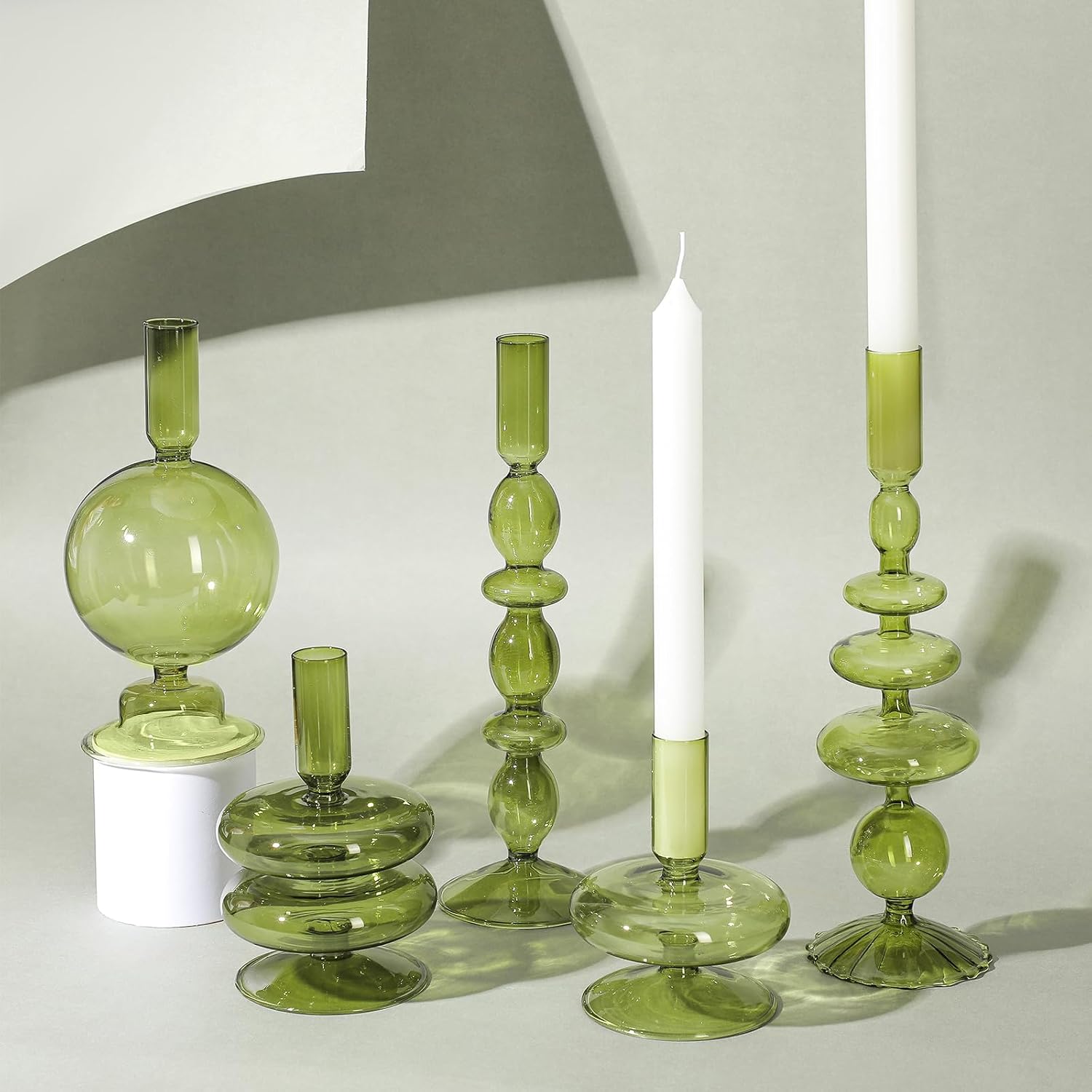 Rtteri 5 Pcs Glass Candlestick Holders Colorful Glass Taper Candle Stand Groovy Candlestick Wavy Boho Chic Clear Bases