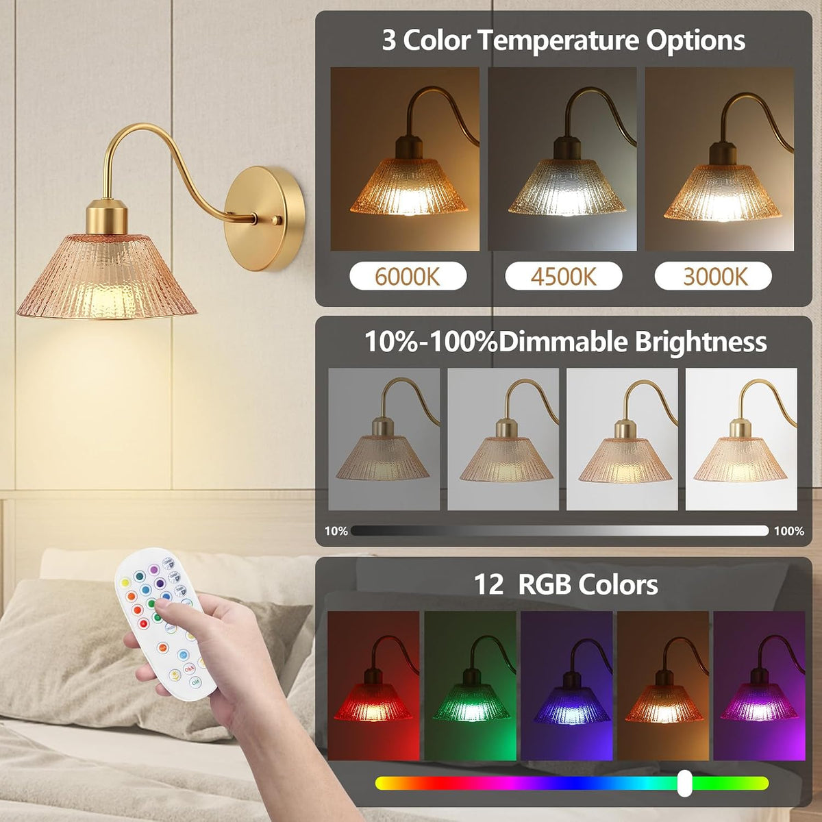 Set of 2 Vintage Battery-Operated Wall Sconces,Wireless Rechargeable Wall Light with Glass Lampshade，Dimmable Wall