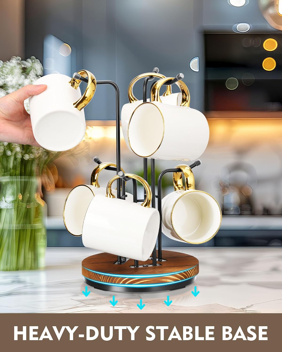 HULISEN 360° Rotating Mug Tree, Coffee Mug Holder for Large Cups, 6 Hooks | Cup Holder for Countertop, Stable Wooden