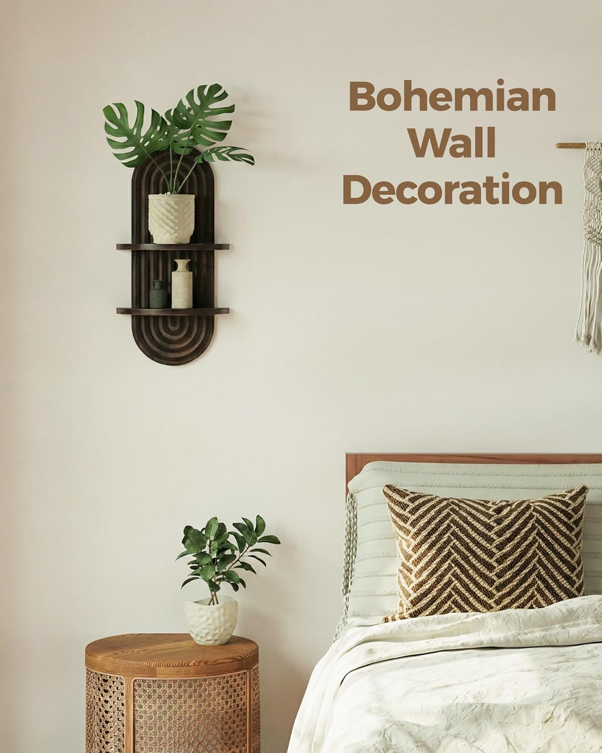 Boho Wall Decor Plant Wall Shelf Mid Century Modern Decor Hanging Plant Shelf 2-Tier / Walnut / 16.7