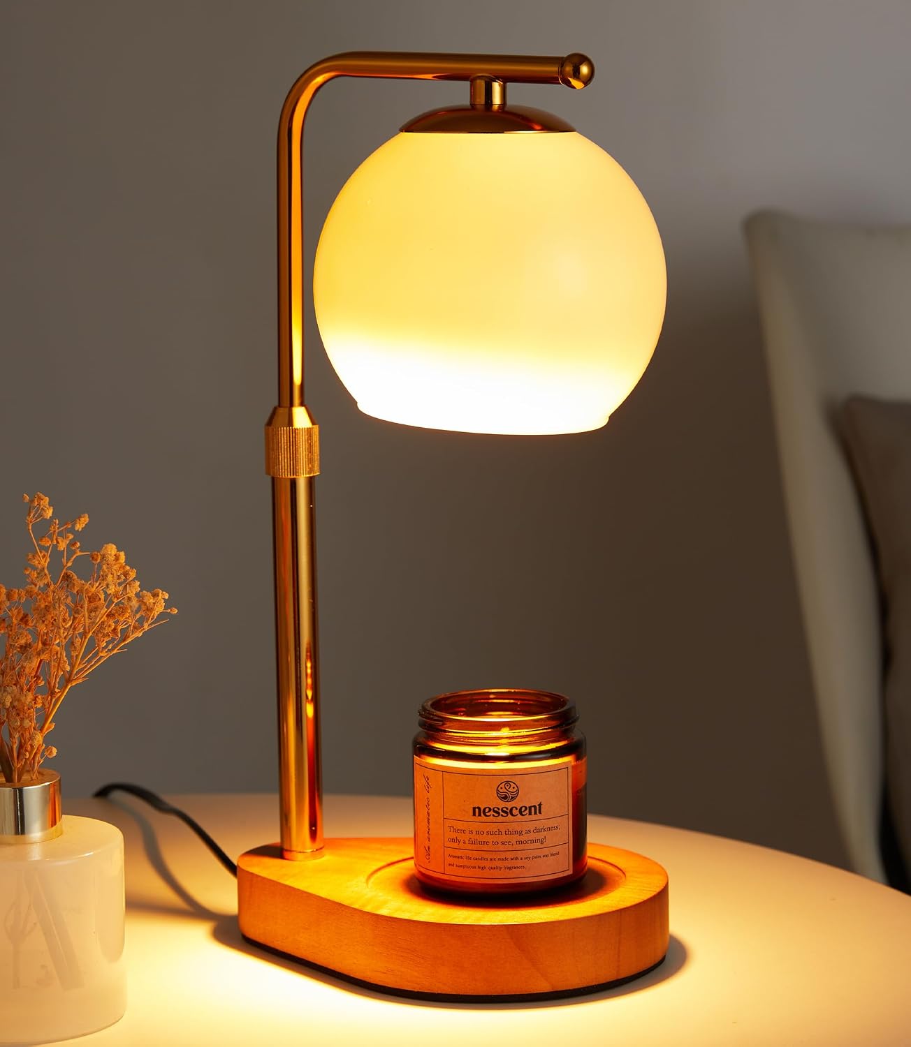 Ivory Glass Candle Warmer Lamp Adjustable Height with Timer 2 4 8H | Warm Gold Hardware | Dark Walnut Base | Dimmer Wax