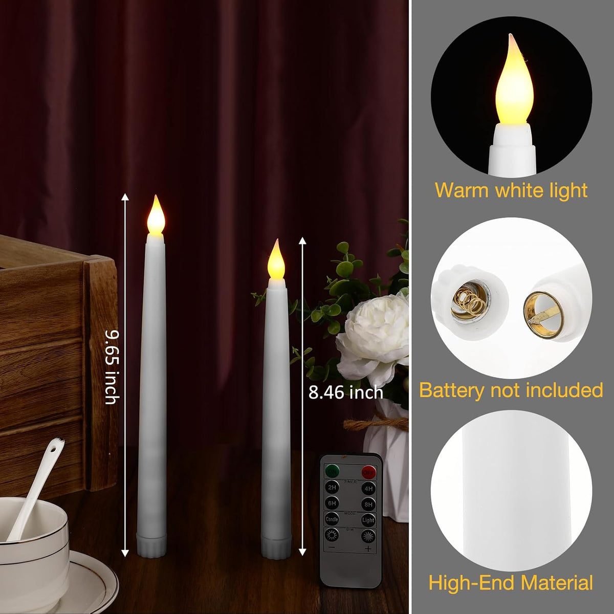 24 Pack Flameless Flicker Taper Candles Bulk with Remote and Timer, Battery Operated LED Warm White Taper Candles Light
