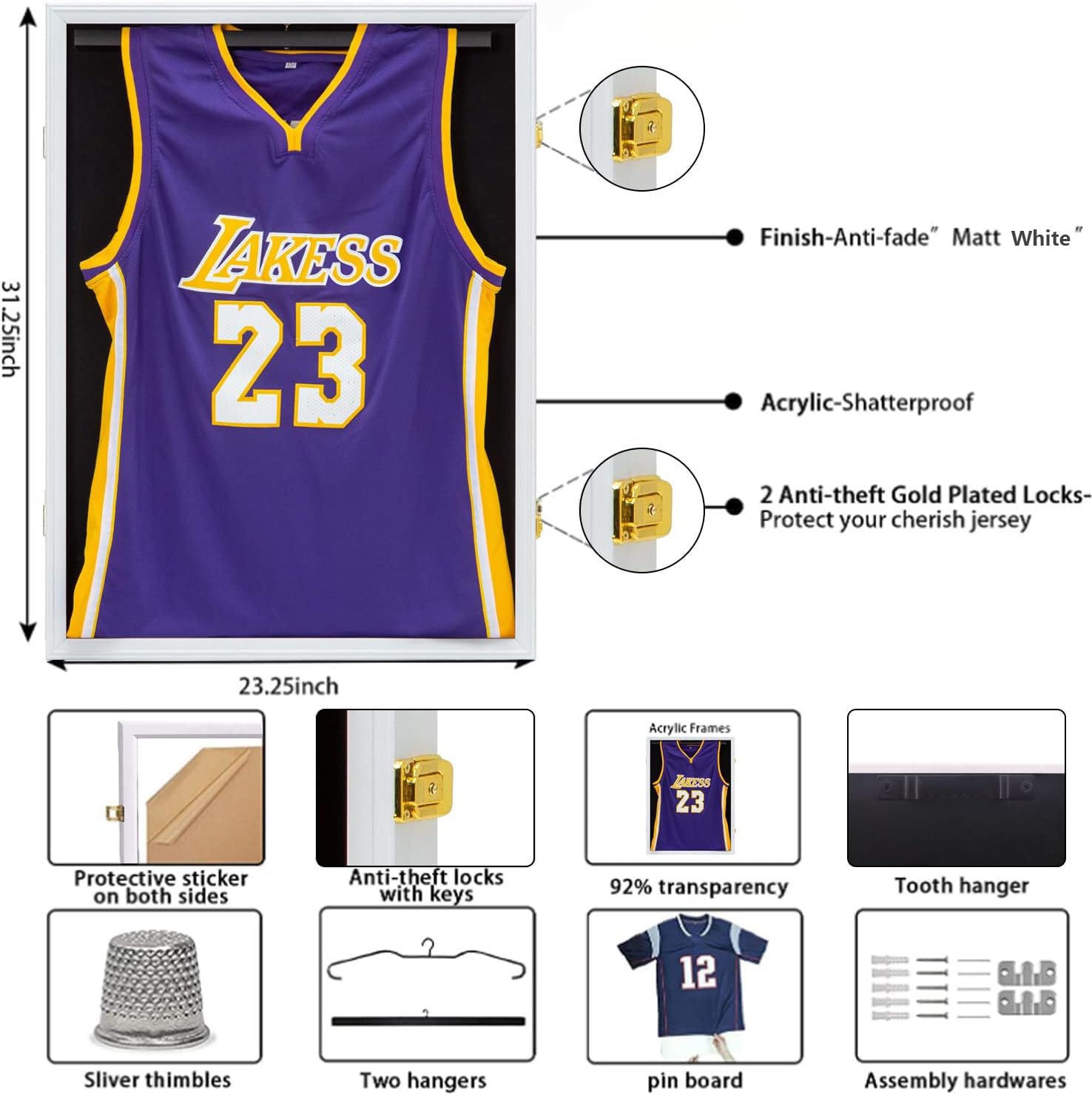 Large Shadow Box Sports Jersey Frame for Sport Jersey Display, White | shatterproof acrylic, anti-theft gold