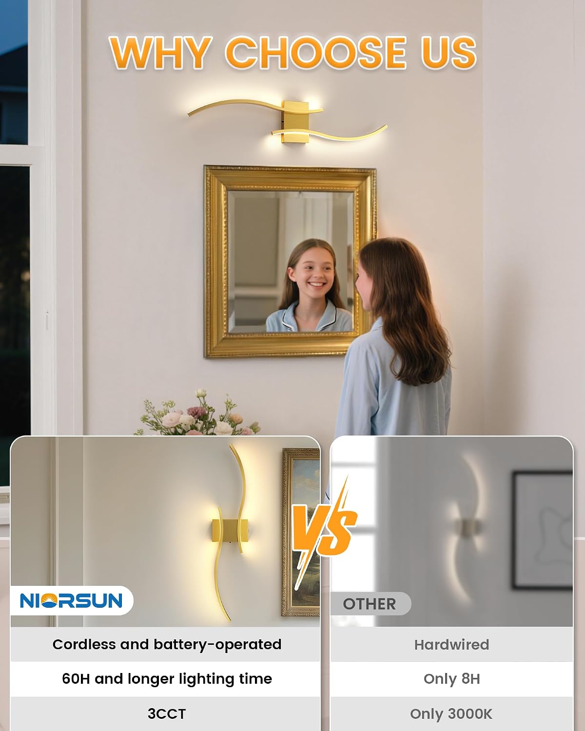 27.6 Inch Battery Operated Wall Sconce Set of 2, Gold Modern Rechargeable Wall Lights with Remote, 3CCT Dimmable