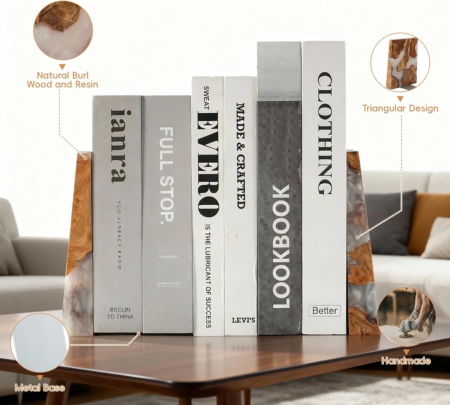 Unique Burl Wood Figure Book Ends for Study Office / Pearlescent White
