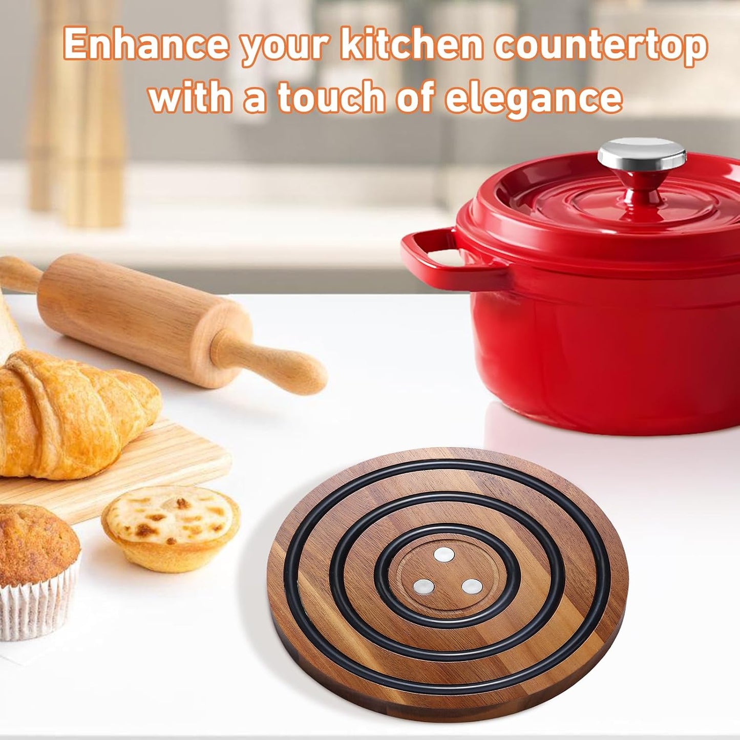 2 Pcs Magnetic Wooden Trivets, Acacia Wood with Black Silicone Rings, Magnetic Pot Holder for Le Creuset Enameled Cast
