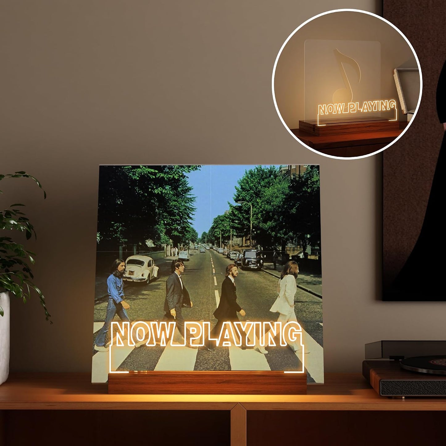 YuanDian Now Playing Vinyl Record Stand, Light up Display Holder for Vinyl Records, Wooden Acrylic Holder with Warm
