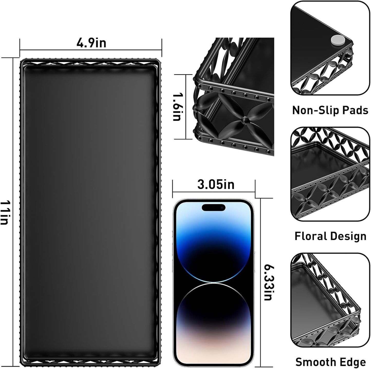 Vanity Tray / Rectangle Floral-black / 11 Inch