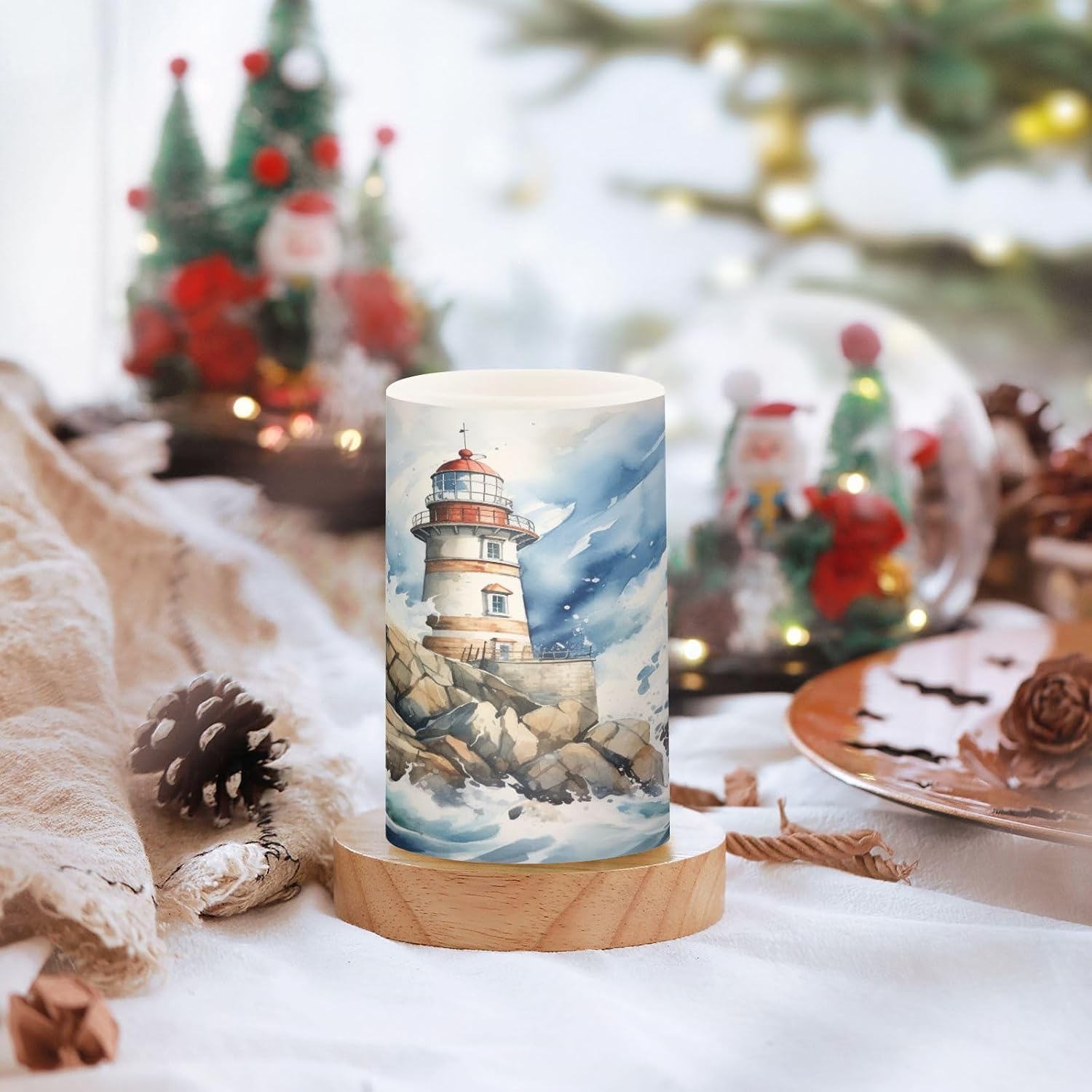 Flickering Flameless Candles, Lighthouse Ocean LED Candles with Remote Timer, Set of 2 Battery Operated Candle for