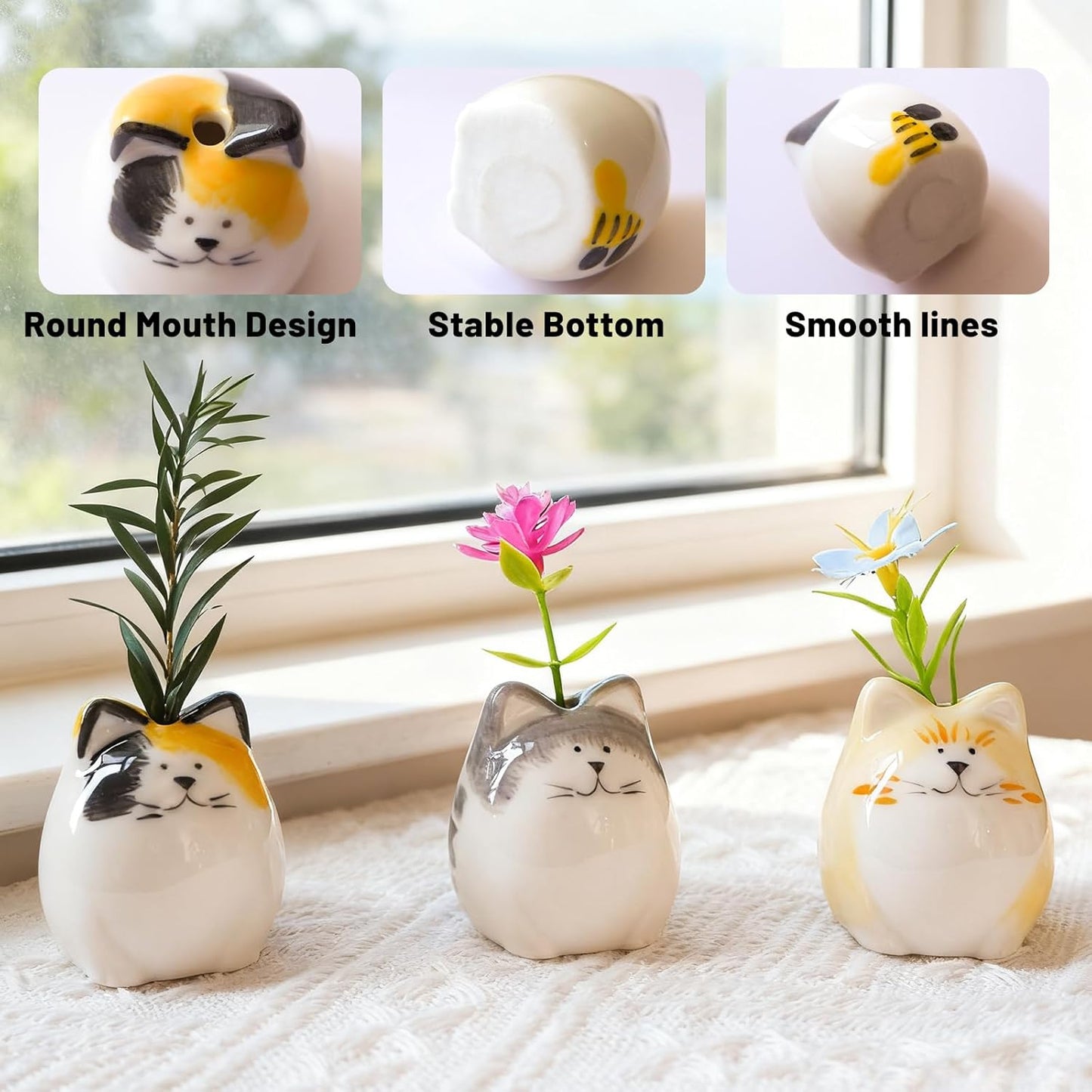 Mini Flower Vases-Unique Small cat vase- Ceramic Bud Vases for Single / Painted Cat Vase / Set of 3