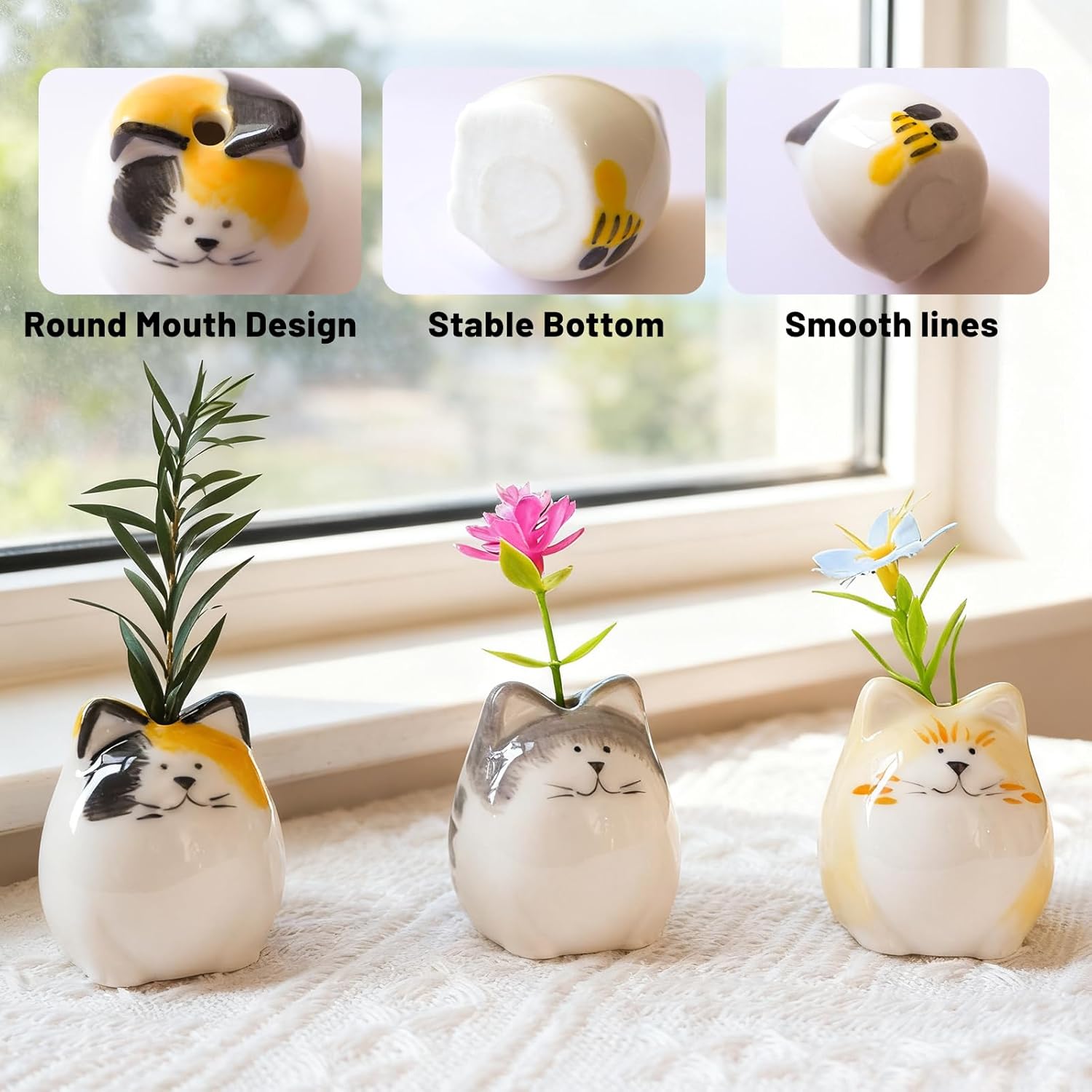 Mini Flower Vases-Unique Small cat vase- Ceramic Bud Vases for Single / Painted Cat Vase / Set of 3