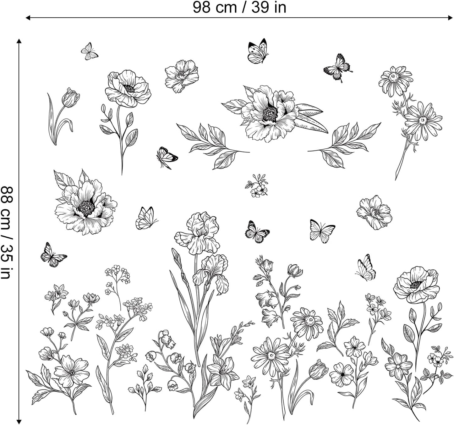 Large Boho Flower Wall Decals Wildflower Butterfly Simple Wall / Simple Sketch Flower / Black