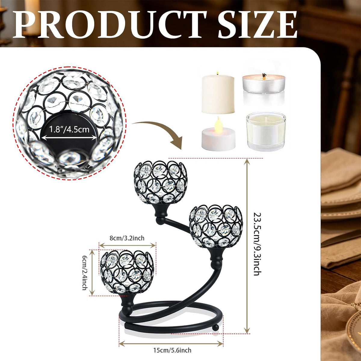 Metal Crystal Candle Holder -Bling Elegant 3-Arm Metal Tea Light Centerpiece with Shining Crystal Bowl, Wedding