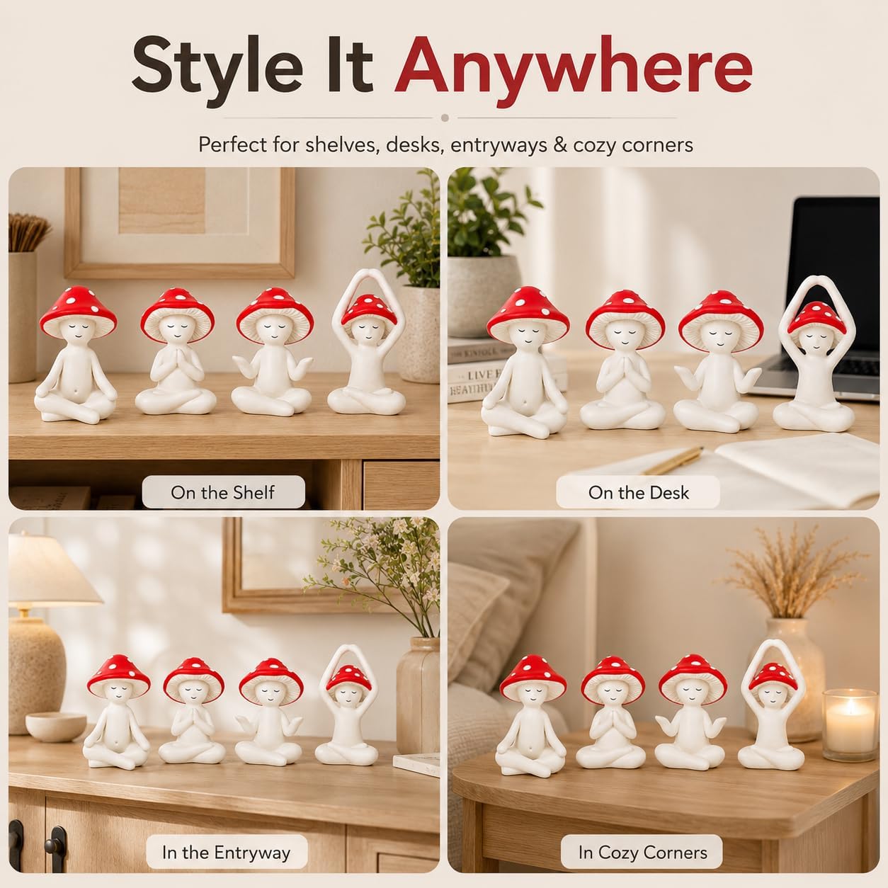 Meditation Mushroom Statue Yoga Mushroom Figurine Tabletop Decor / Red / Set of 4