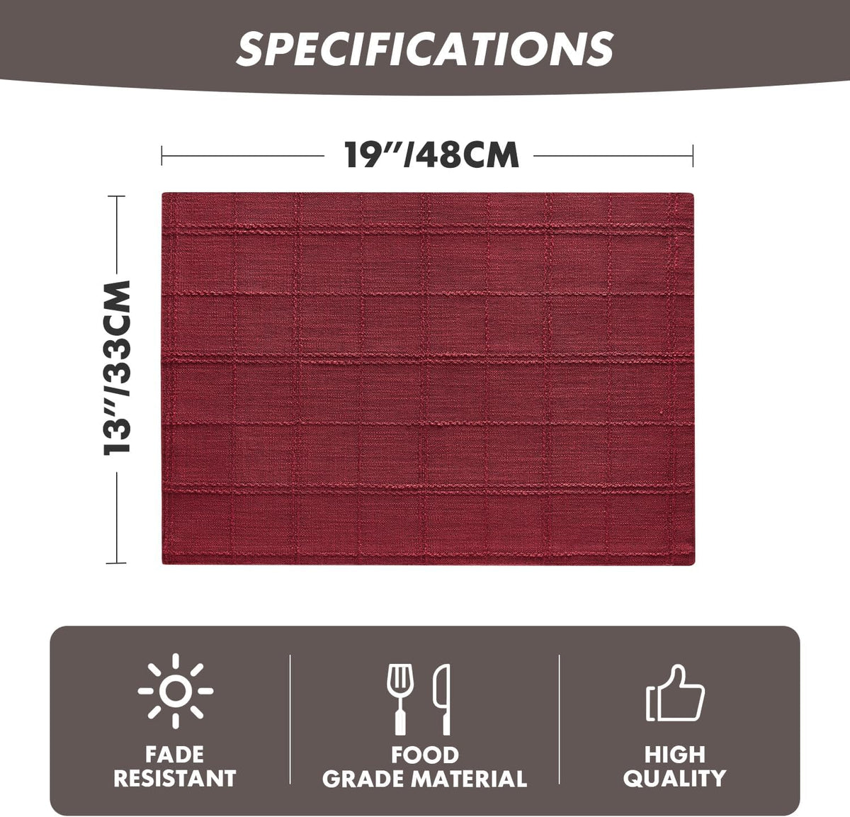 Linen Checked Farmhouse Placemats Set of 6, Burgundy 13x19in | Double Layer, Reversible, Thick Textured Table Mats