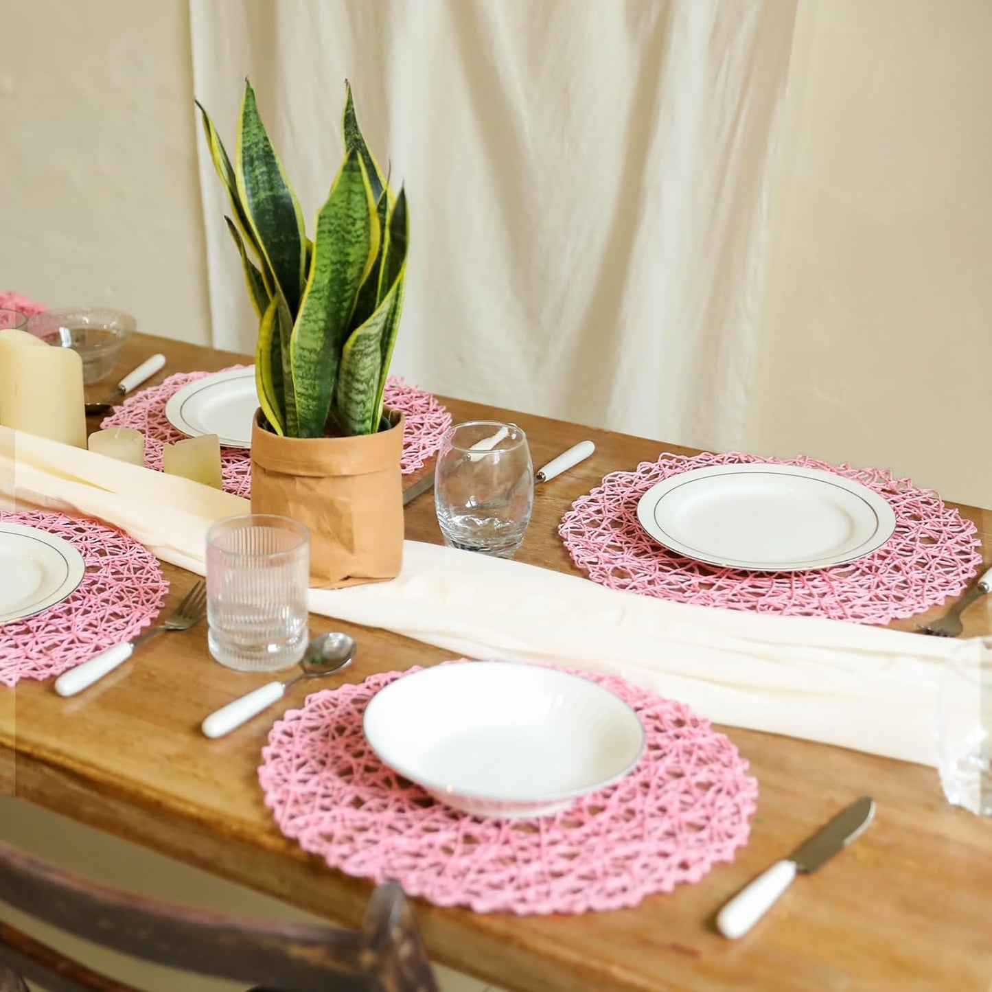 AHHFSMEI Paper Braided Round Placemats Set of 12 Natural Non-Slip Heat Resistant Table Mats for Dining Tables Woven