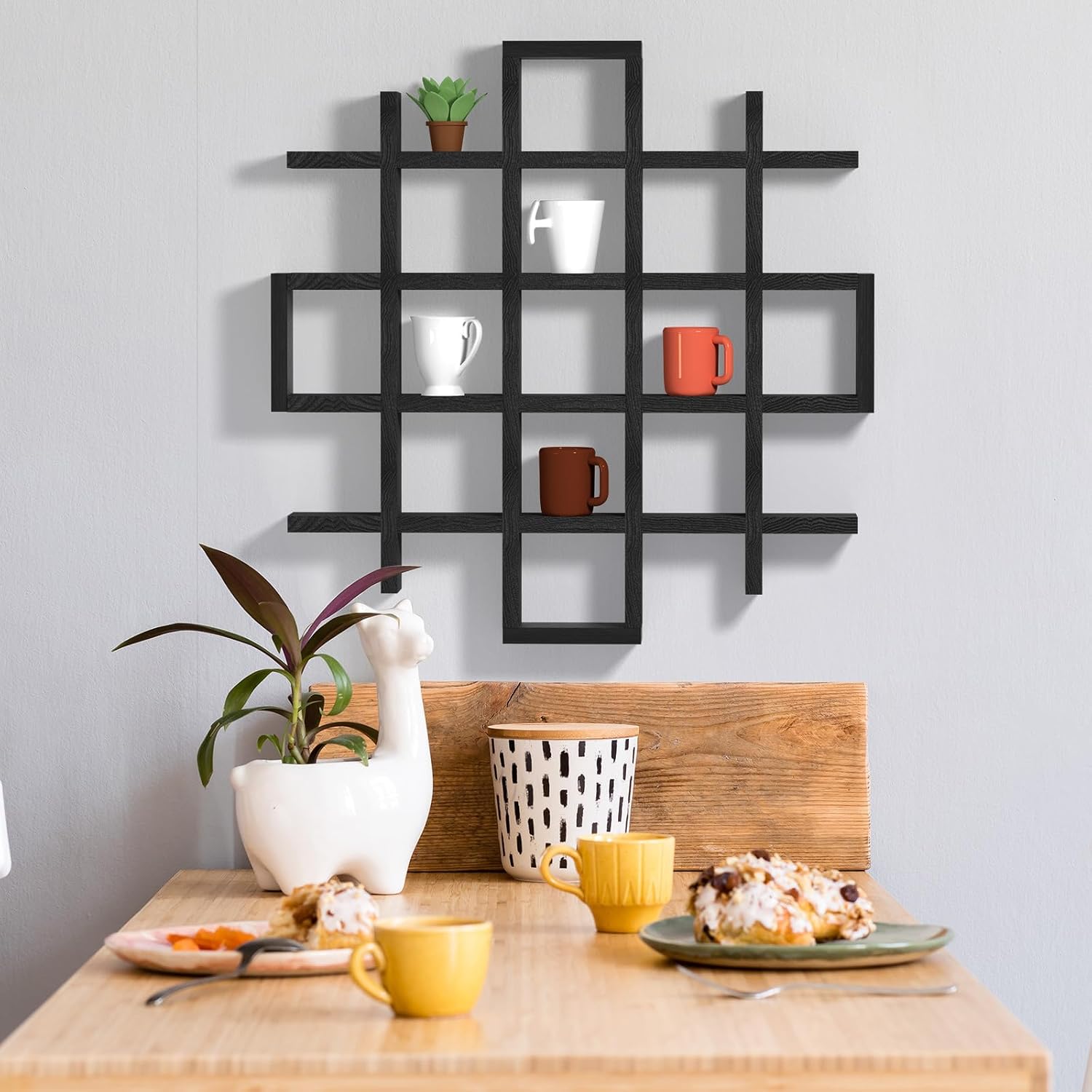 Suzile Mug Display Shelf Wall Mounted,Grid Size 5.1x5.1x3in,Black | Rustic Wood Floating Shadow Box for Coffee Mugs