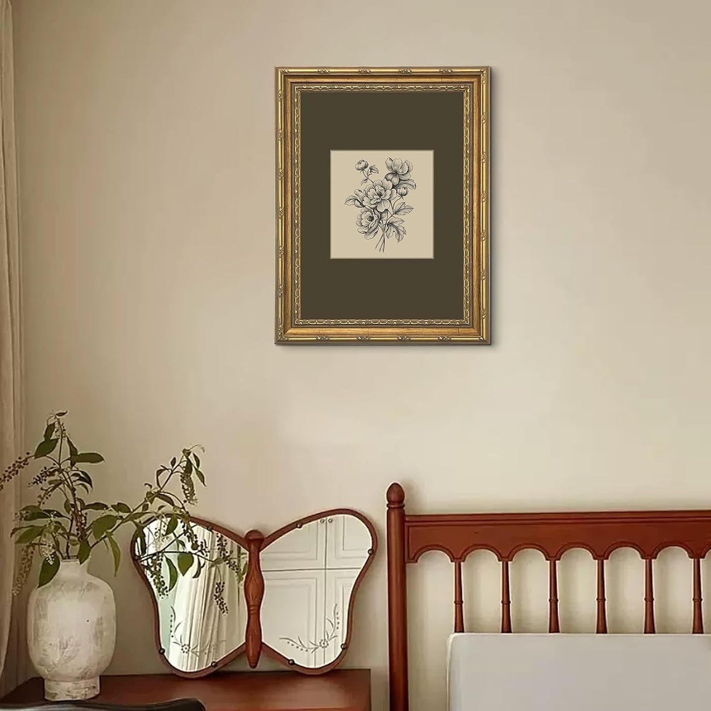 Vintage Botanical Dark Flower / Sketch / 16"L x 12"W / Green