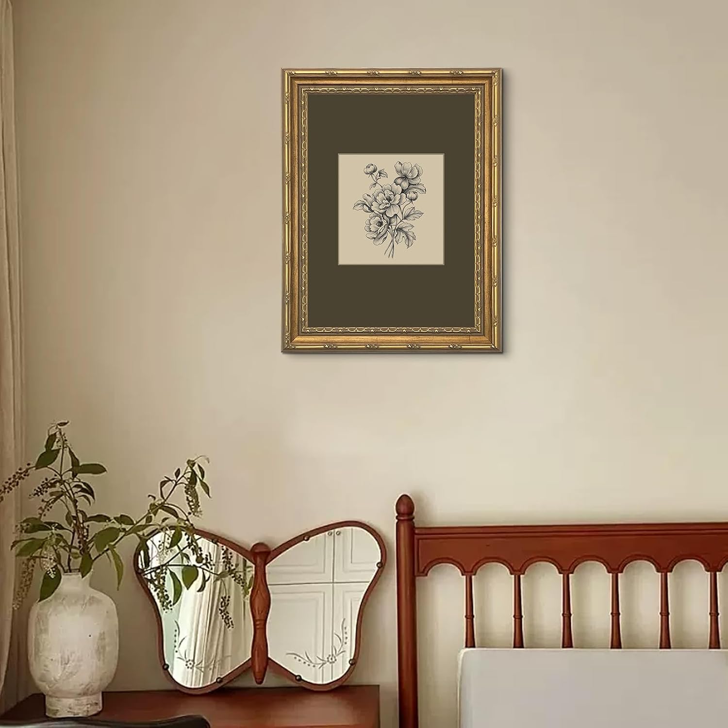 Vintage Botanical Dark Flower / Sketch / 16"L x 12"W / Green