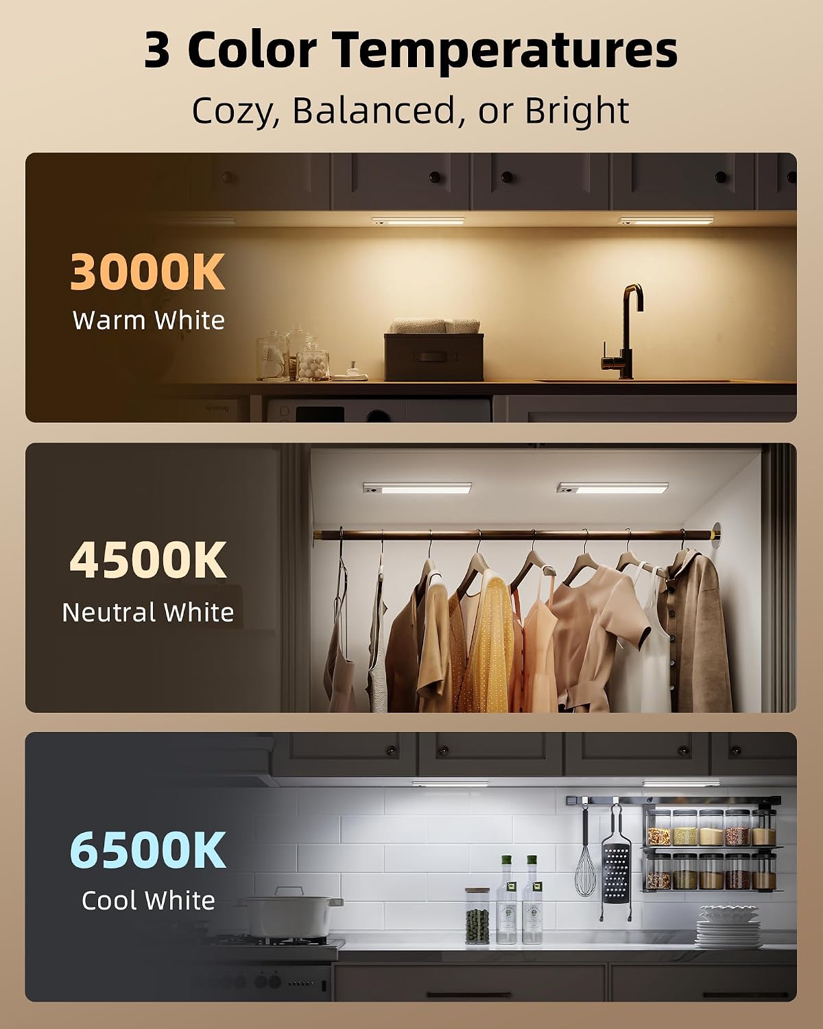 EZVALO 3-Pack 10inch Under Cabinet Lighting with Remote, 2400mAh Rechargeable Motion Sensor Lights, Magnetic Dimmable