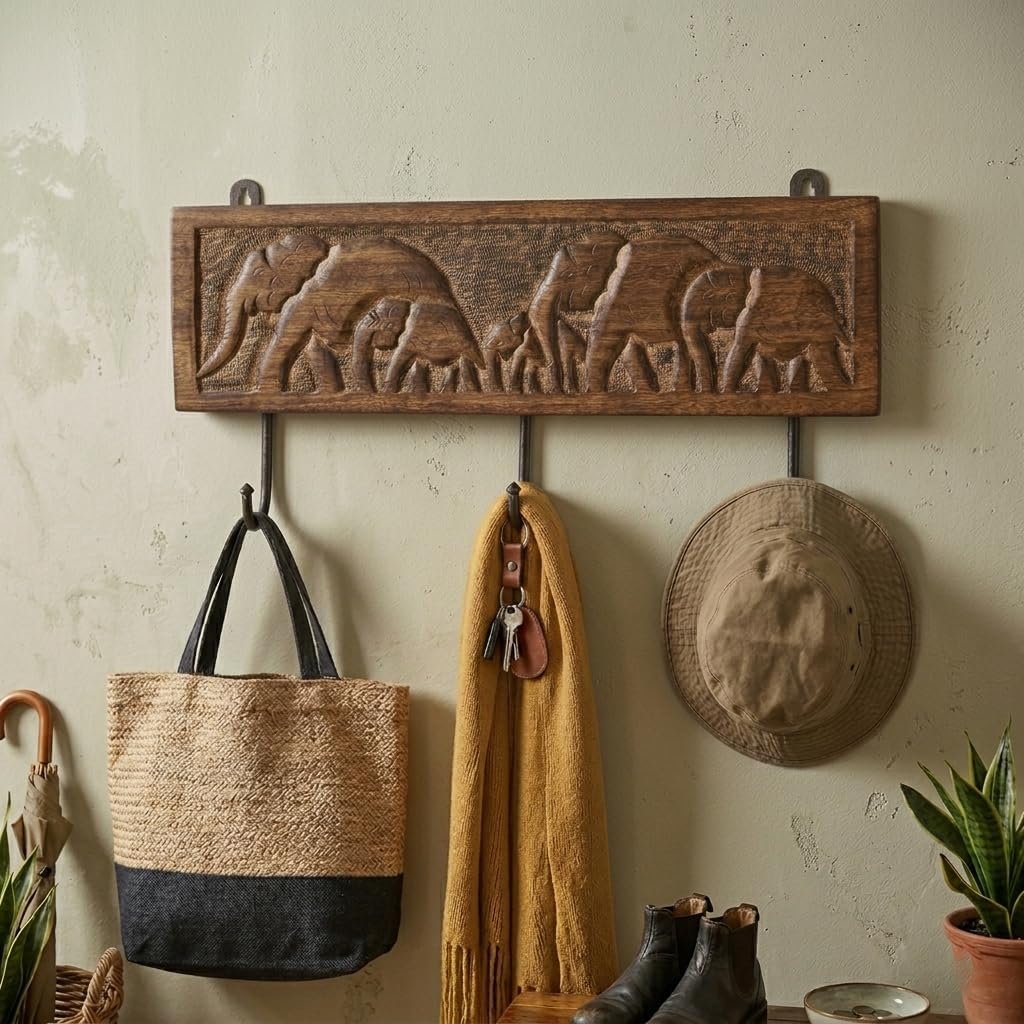 Wooden Cloth Hook Coat Rack Wall Mount 3 Hooks / Elephant