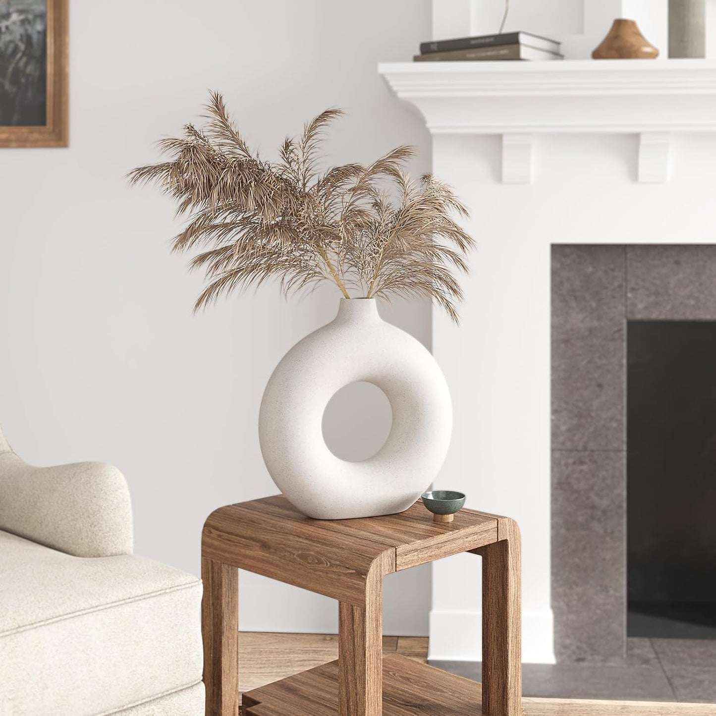 Cream Donut Vase Hollow Ceramic Vase for Flowers Pampas Grass Home / Large - 9''h / White / 9 Inch