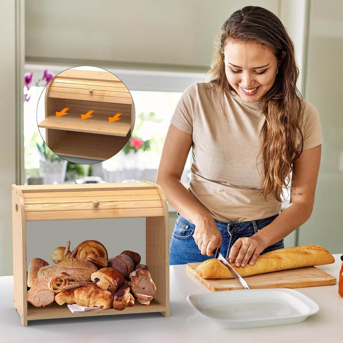 Bamboo Bread Box Roll Top for Kitchen Countertop Breadbox Storage | Roll Top Bread Box with Sliding Lid,Large Double