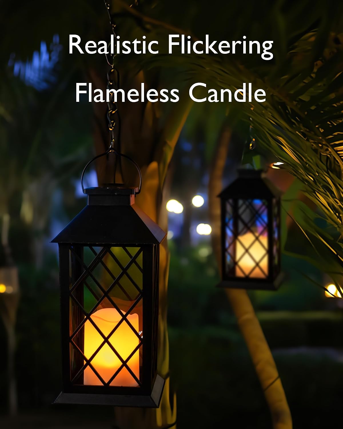 Homemory 2 Pack 13'' Black Solar Lanterns, Flickering Flame Hanging Lights | Realistic Flickering Flame Creates Cozy