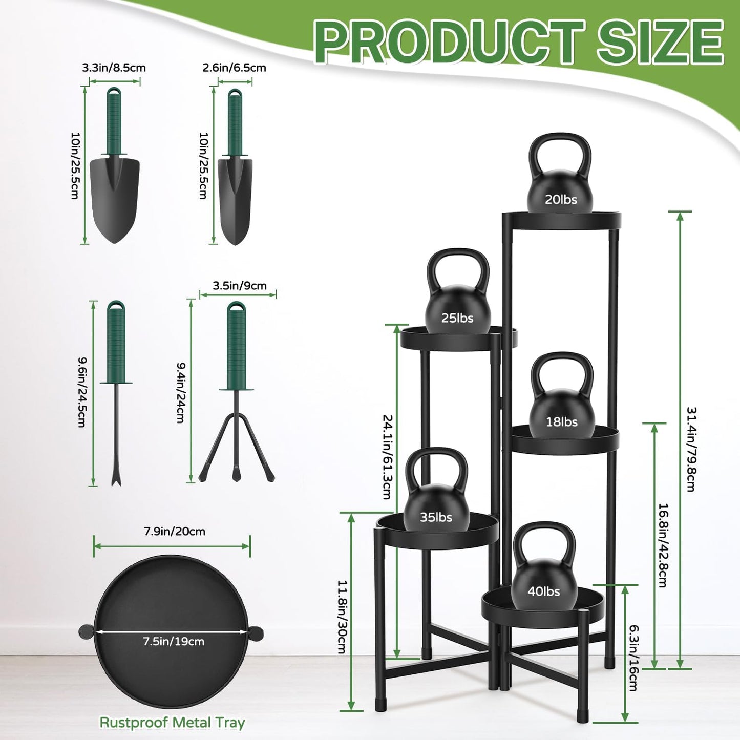 iDavosic.ly Plant Stand with Garden Tools Indoor Outdoor, 5 Tier, Black | Metal Corner Shelf, Tiered Flower Display