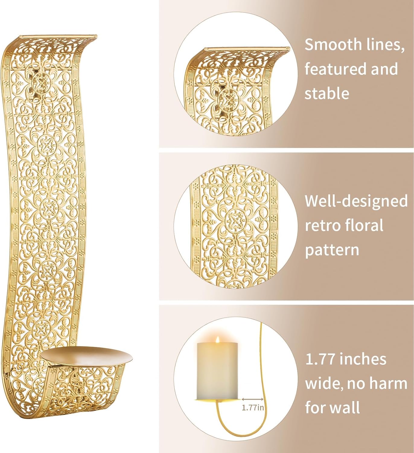 Rustic Pillar Wall Candle Holder for Farmhouse Vintage Hallway Wall / Matte Gold / Set of 2