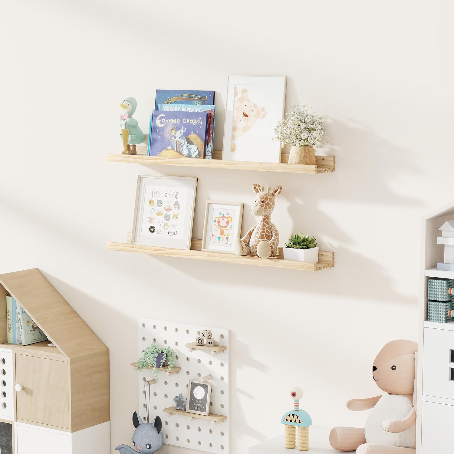 Fun Memories Picture Ledge Shelf, Pine Wood Floating Shelves Set of 2, 36 inch Nursery Book Shelves, Photo Ledge Book